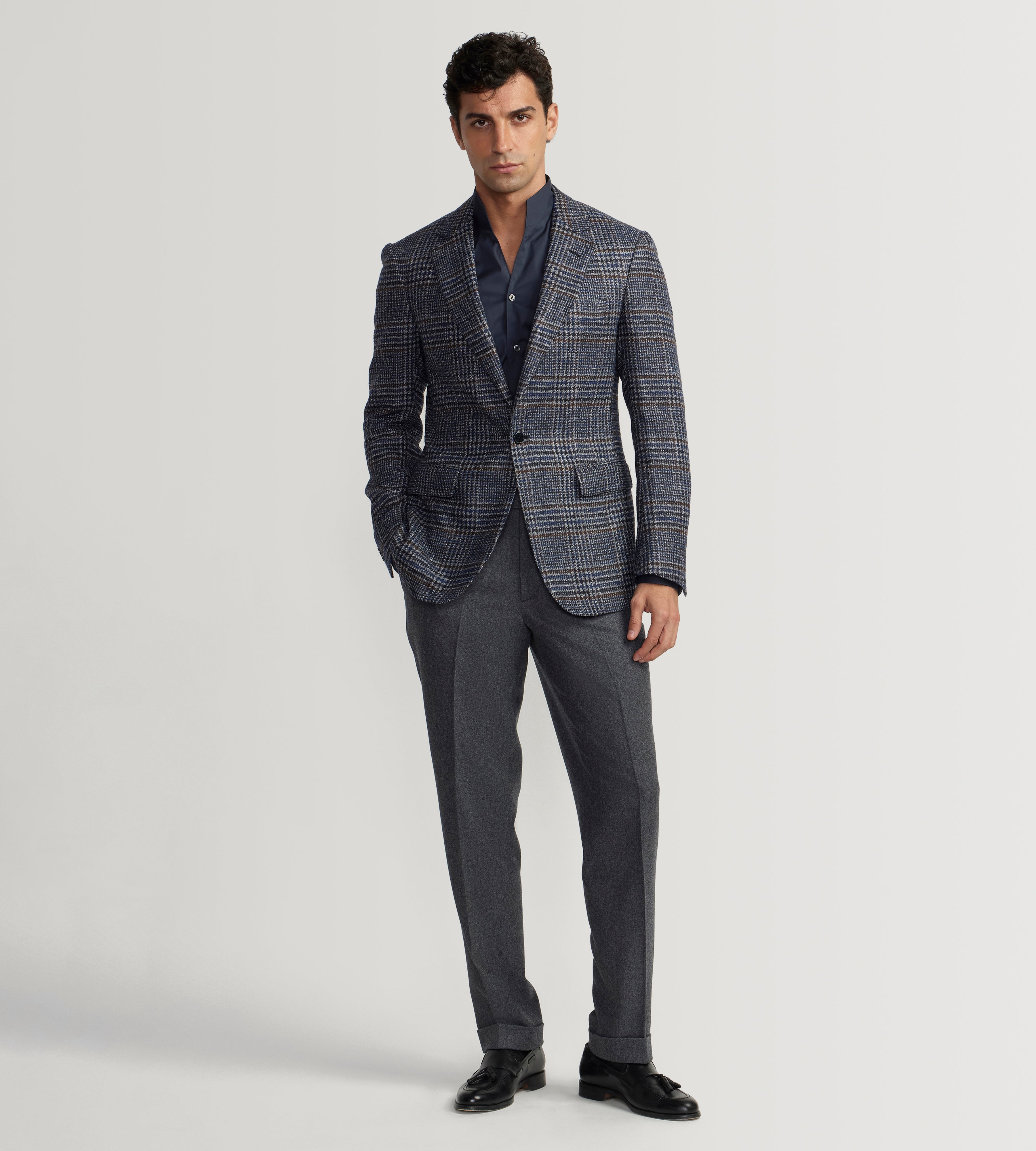 Veste en laine & alpaga bleu marine à motif Prince-de-Galles