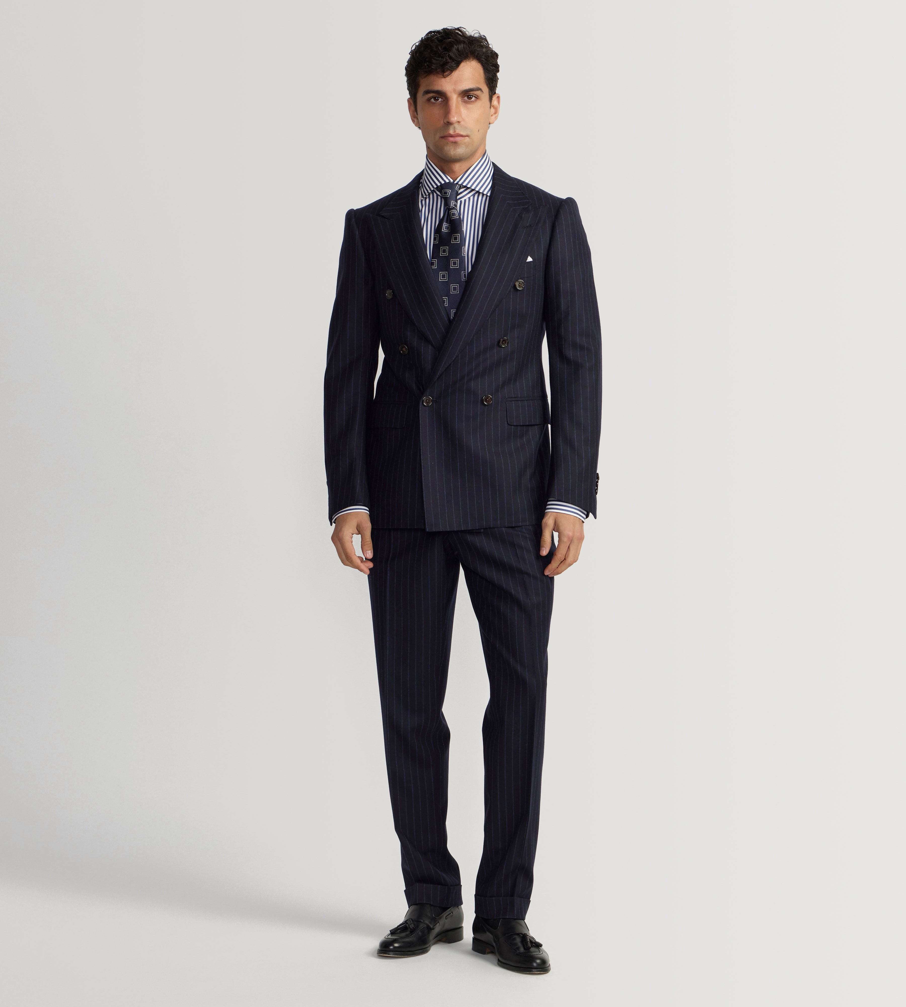 Costume croisé bas 6x1 bleu marine à rayures en flanelle