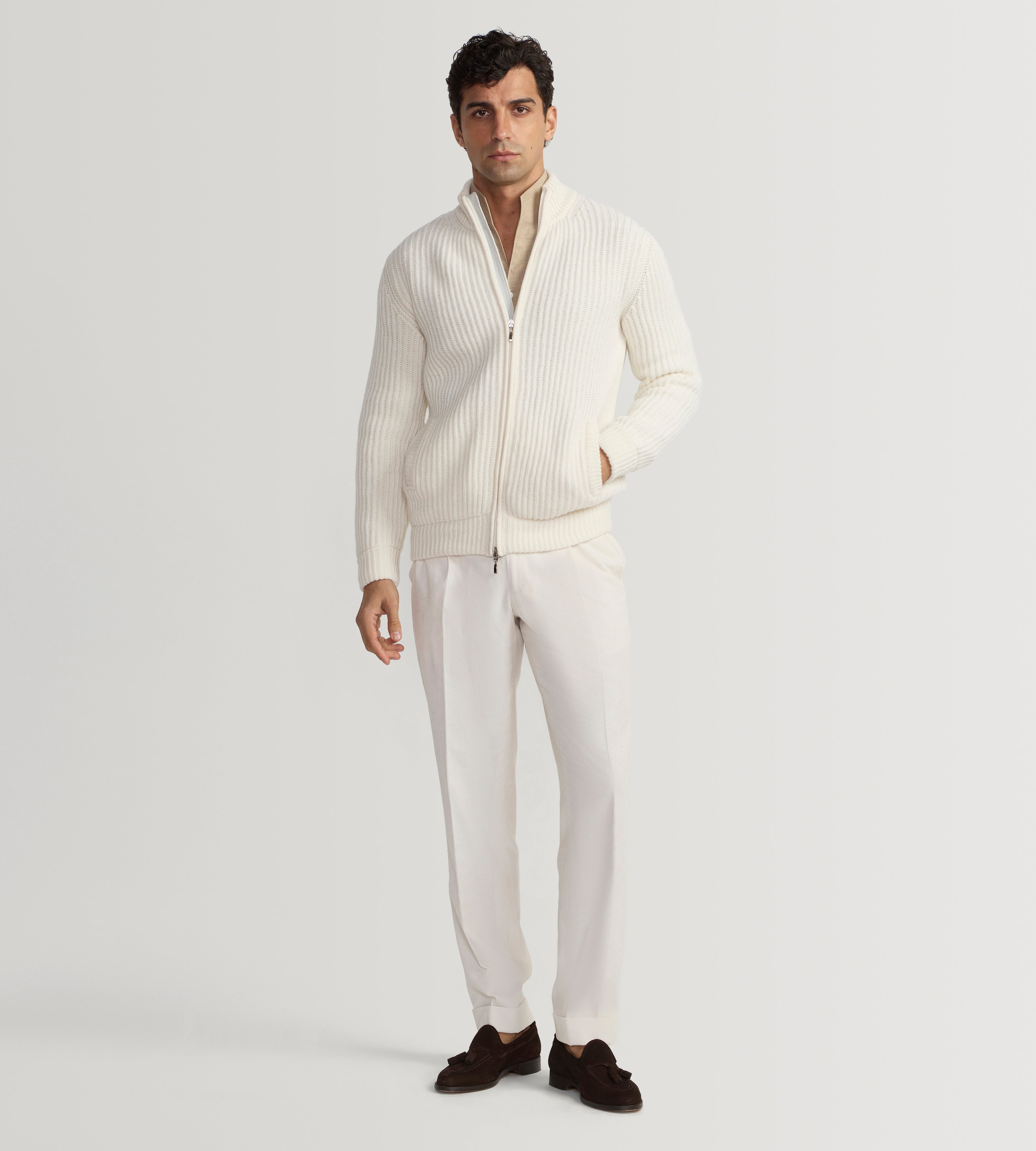 Pull à zip en laine & cachemire ivoire