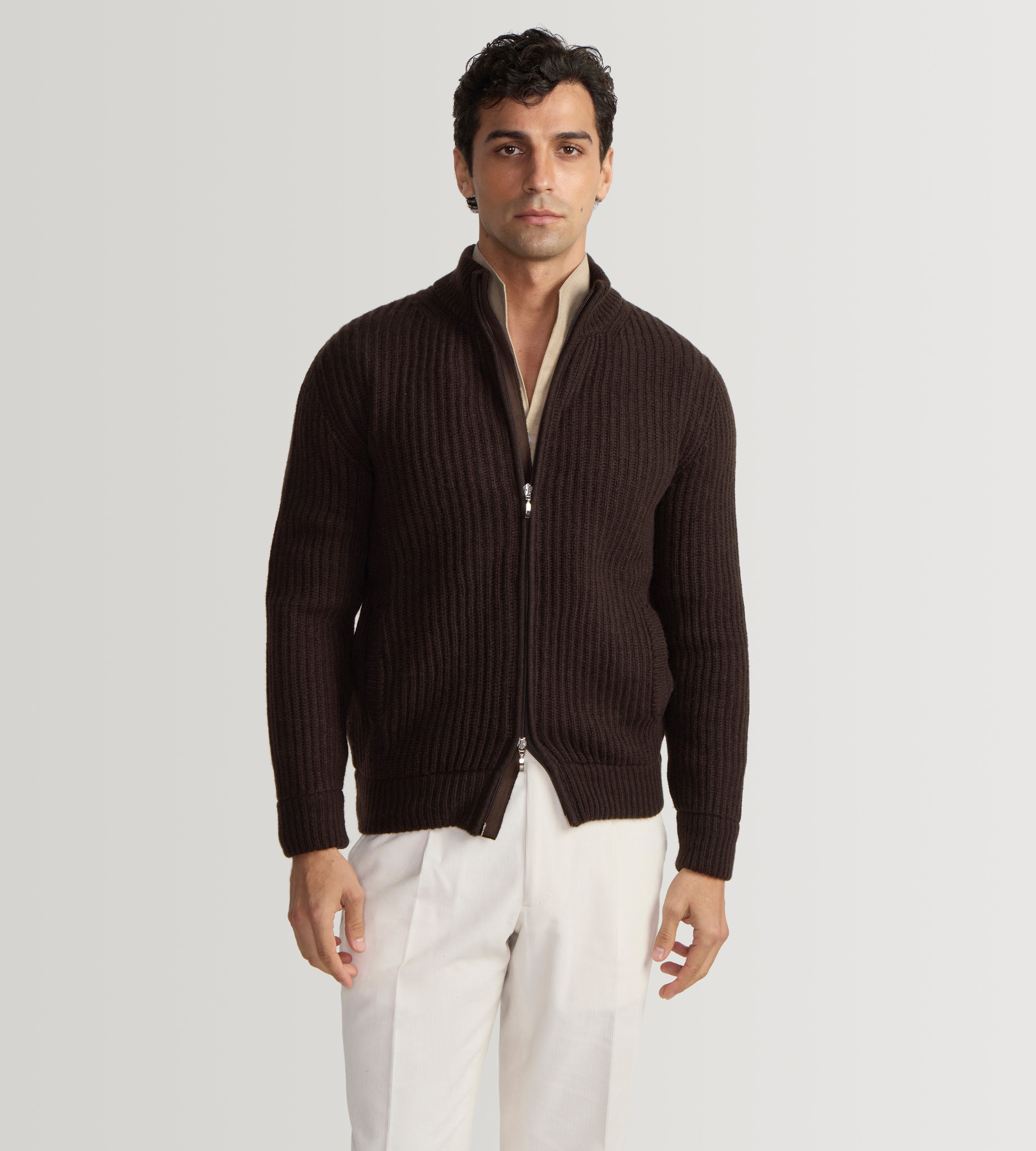 Pull à zip en laine & cachemire marron foncé
