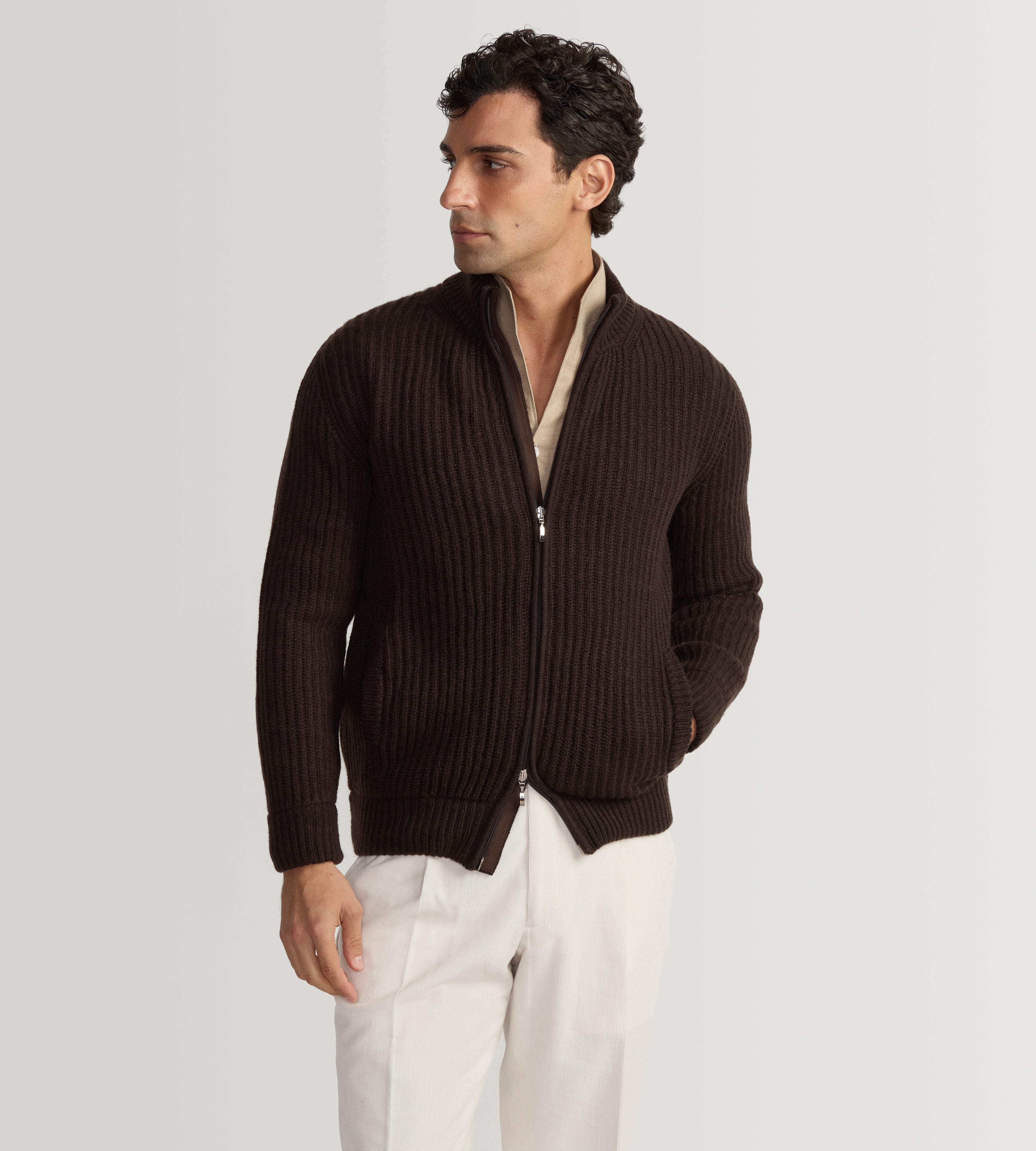 Pull à zip en laine & cachemire marron foncé