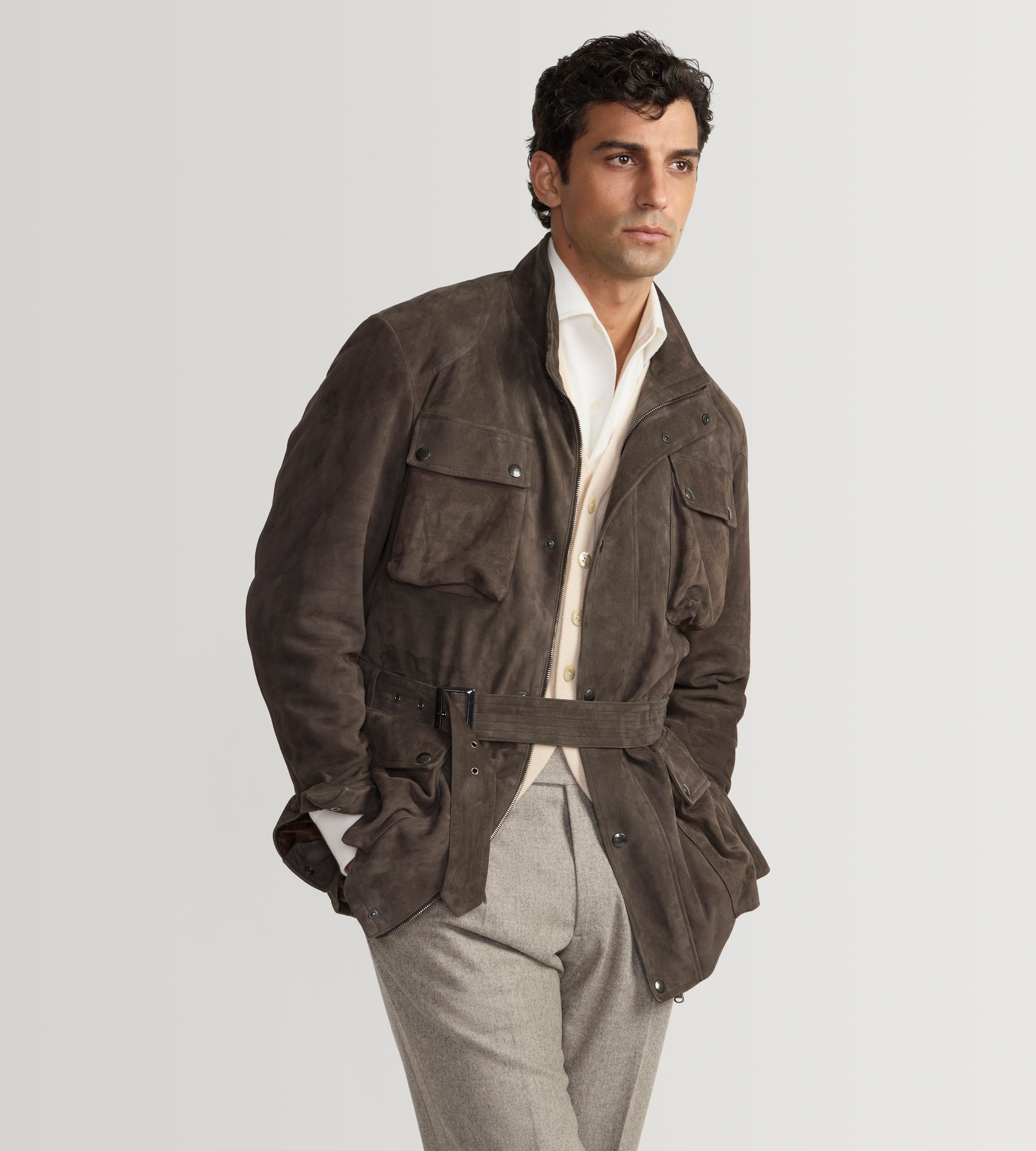 Veste saharienne en cuir marron