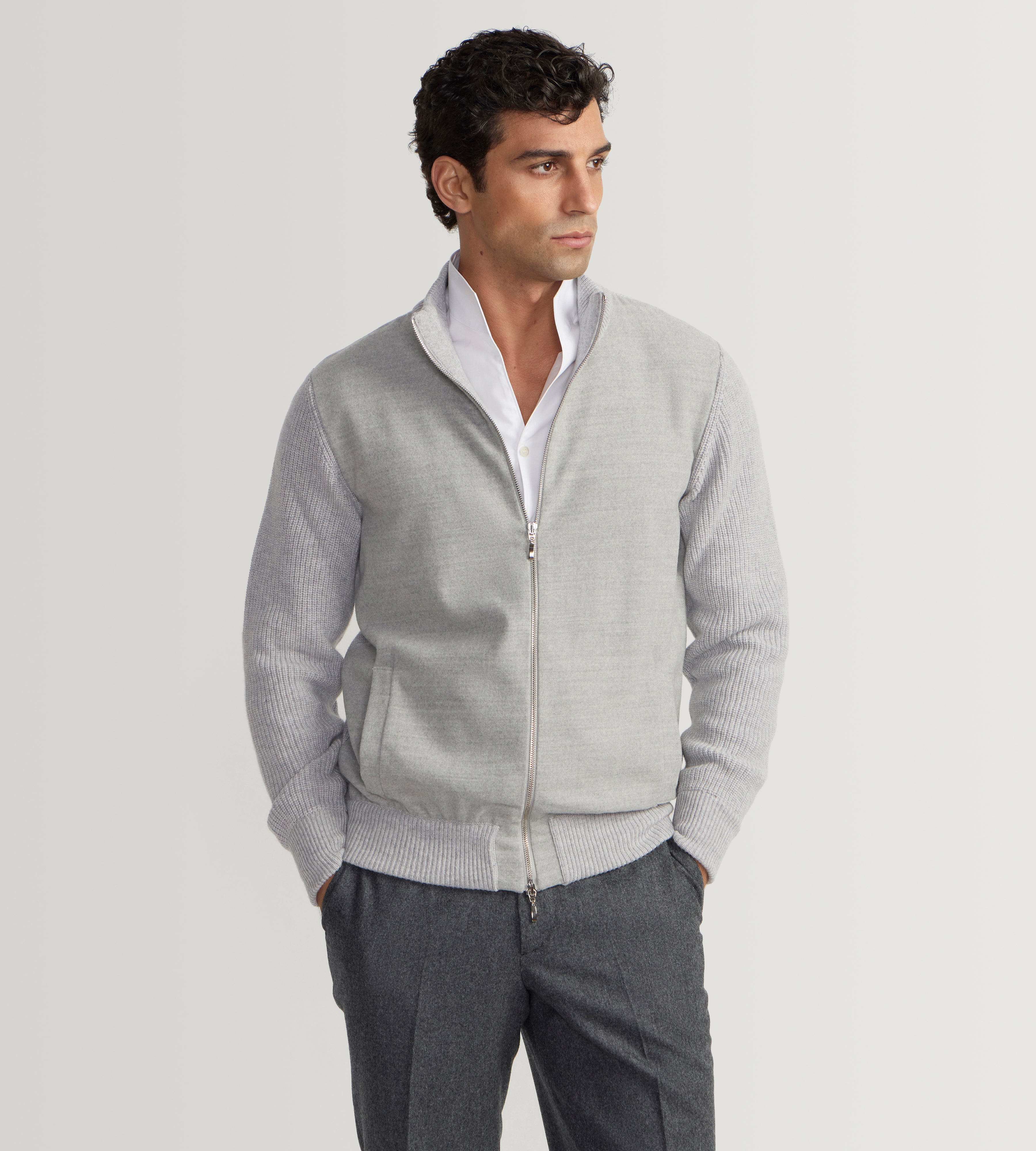 Cardigan zippé gris en laine & cachemire