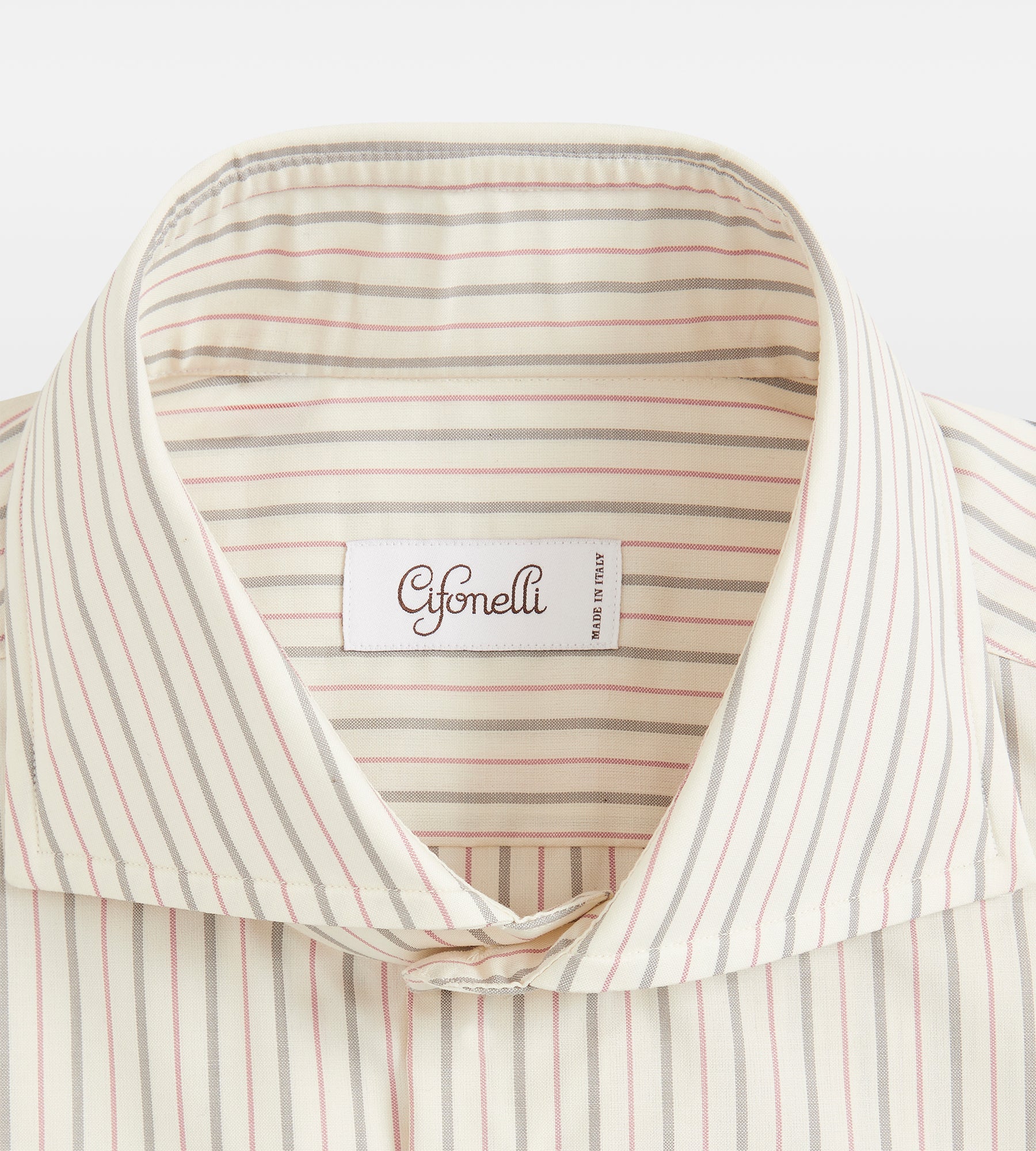 Chemise beige rayée grise et framboise en coton, laine et cachemire