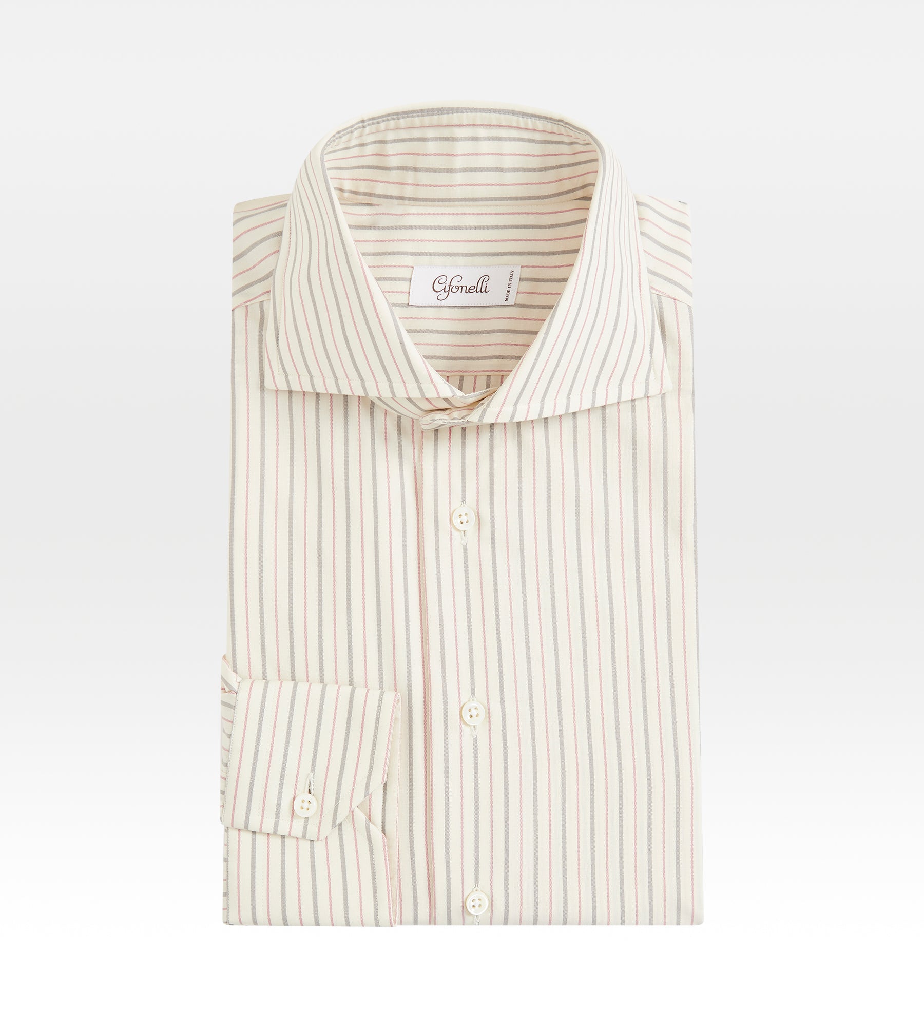Chemise beige rayée grise et framboise en coton, laine et cachemire