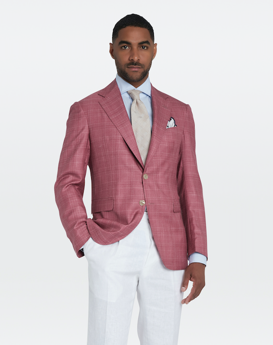 Veste framboise en cachemire, soie & lin à motif Prince-de-Galles