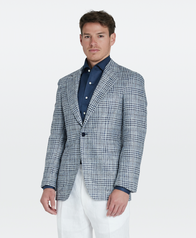 Veste bleue en laine & soie à motif Prince-de-Galles