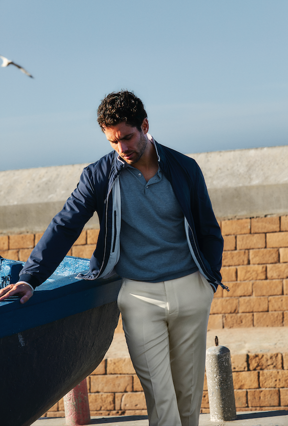 Blouson bleu marine et crème en nylon & coton