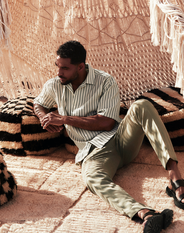 Chemise rayé kaki en laine à manche courte