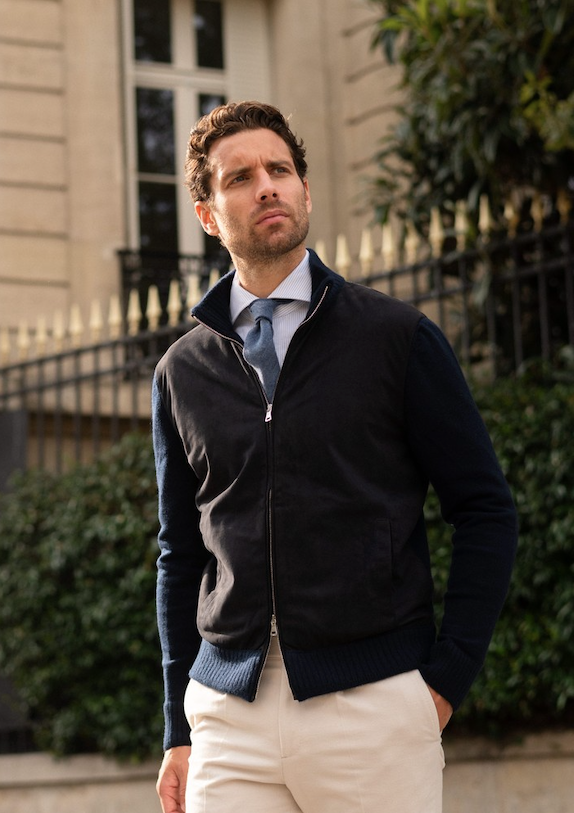 Pull à zip bleu en daim & cachemire