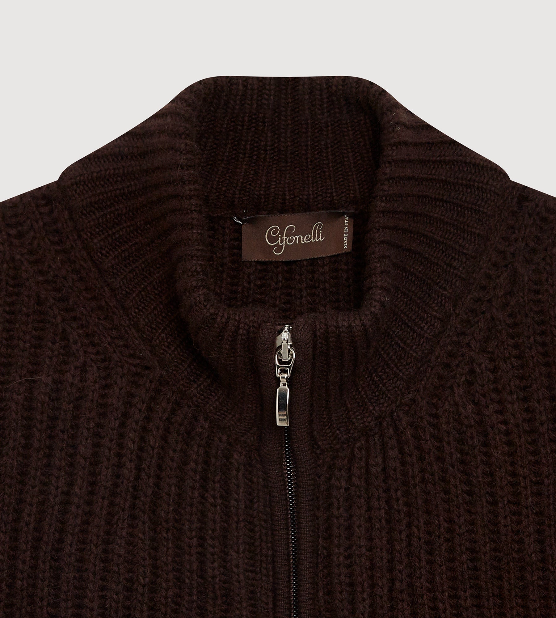 Pull à zip en laine & cachemire marron foncé