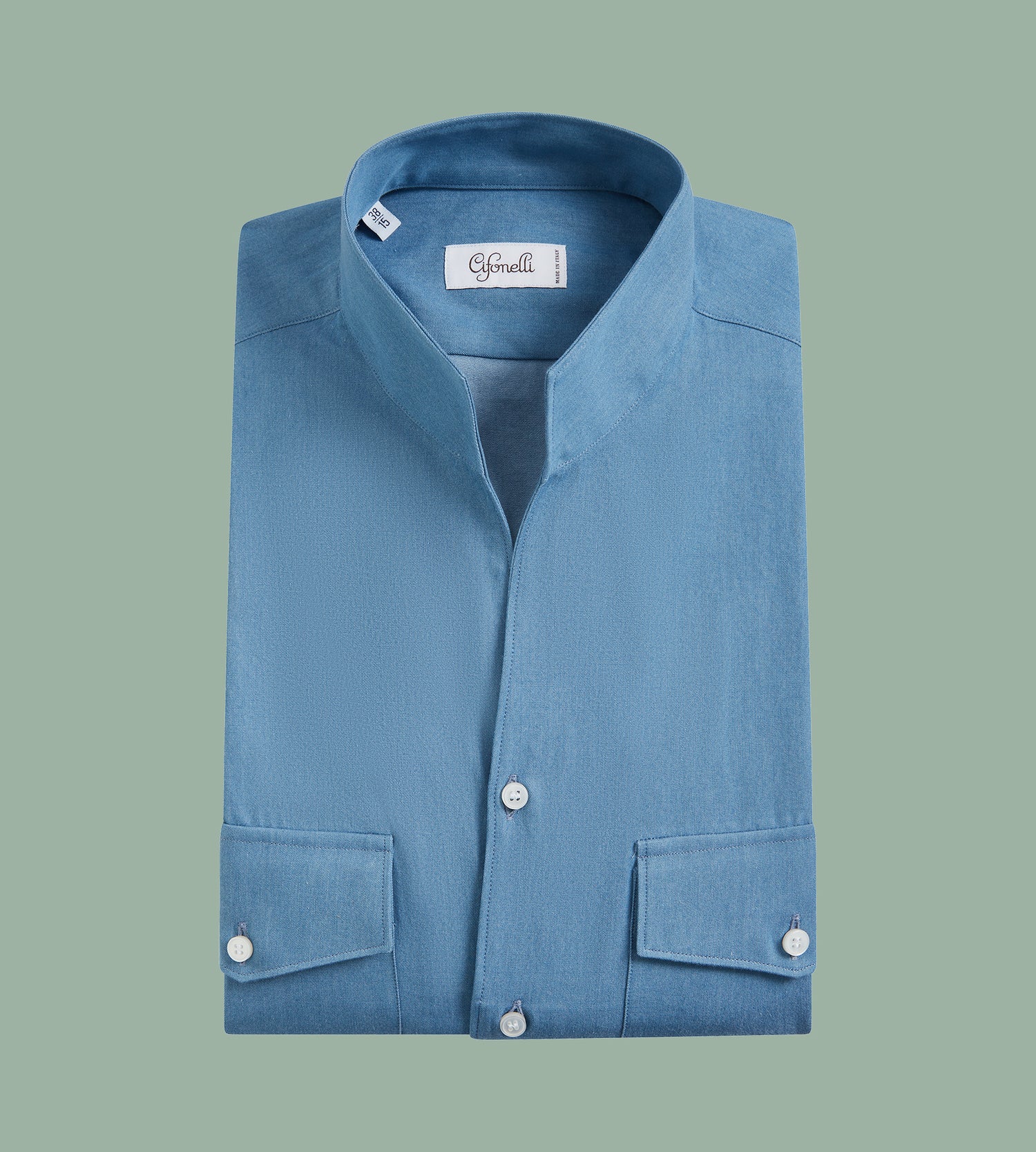 Chemise à col indien bleu denim en coton