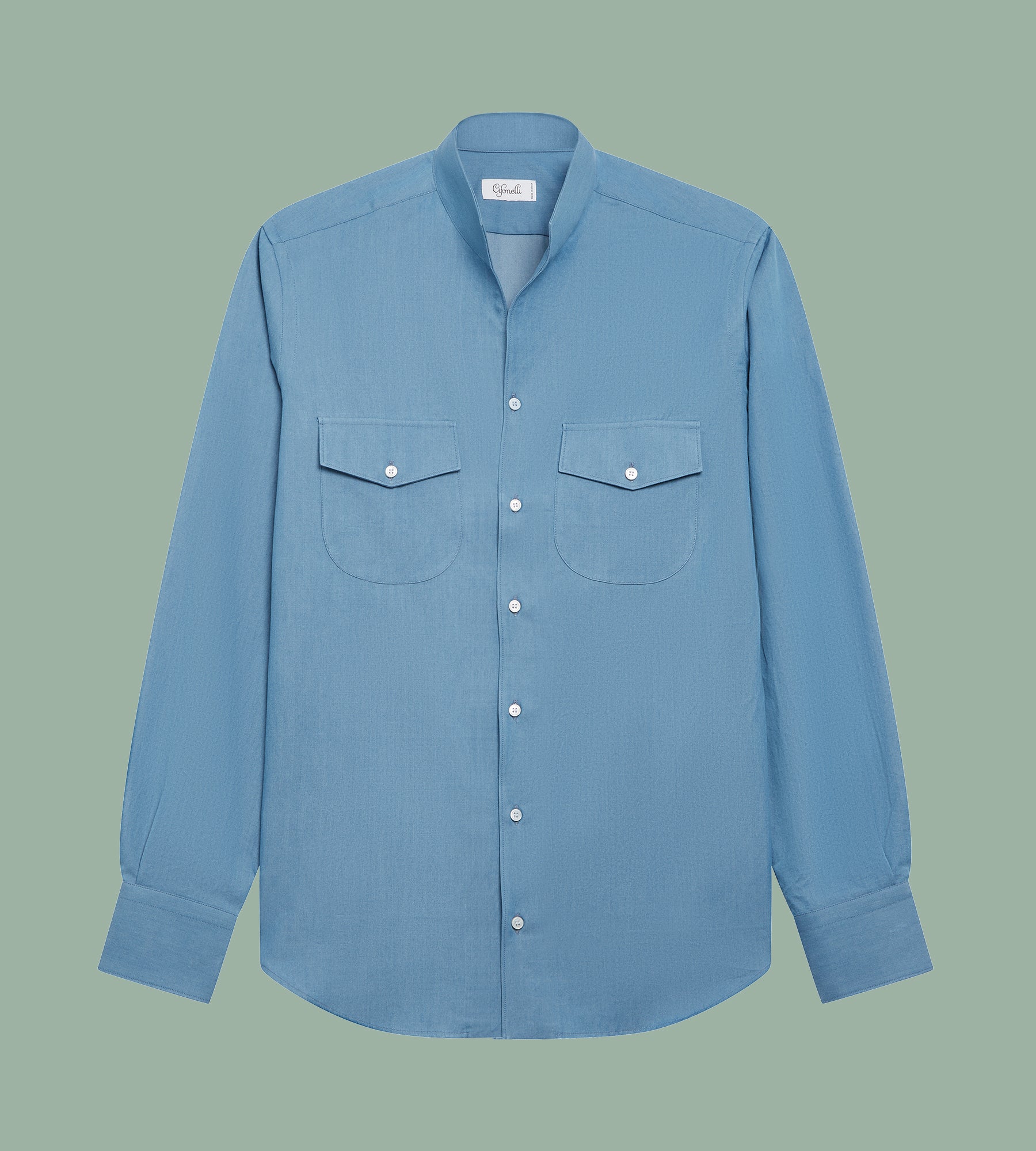 Chemise à col indien bleu denim en coton