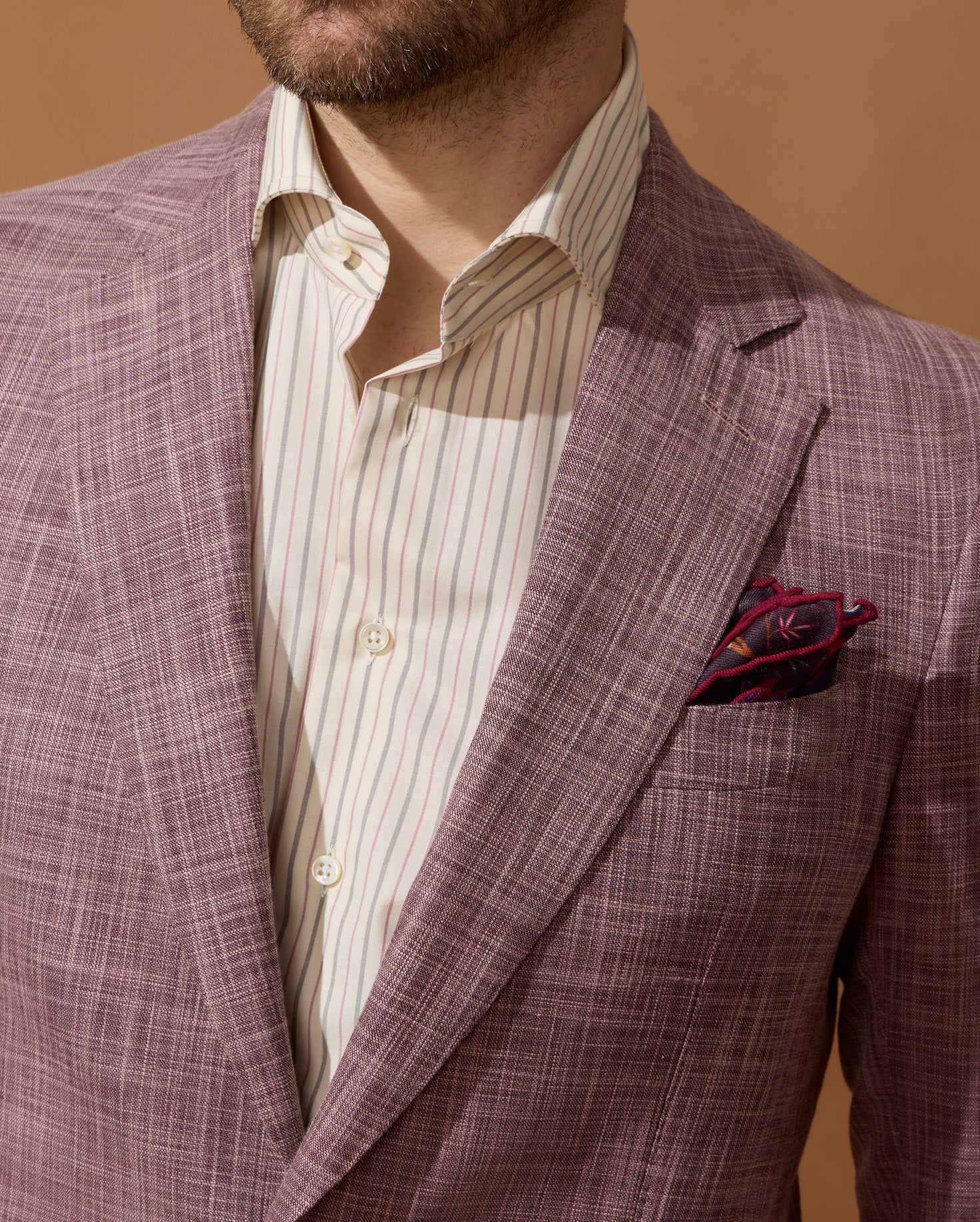 Chemise beige rayée grise et framboise en coton, laine et cachemire