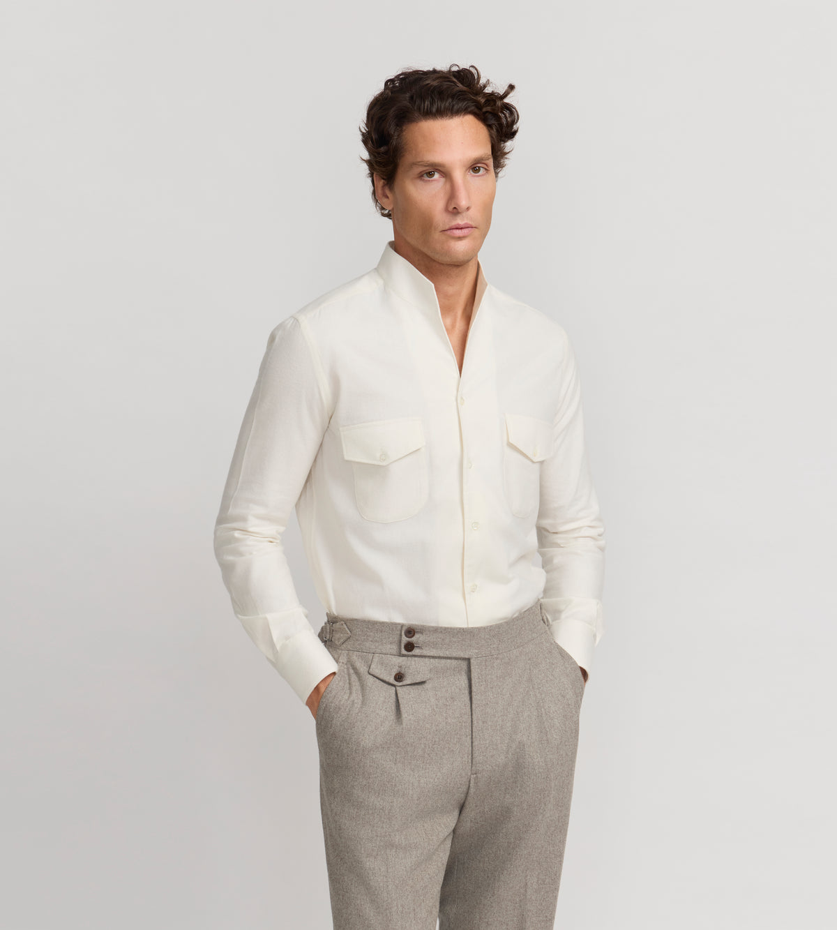 Chemise col indien en coton et cachemire crème