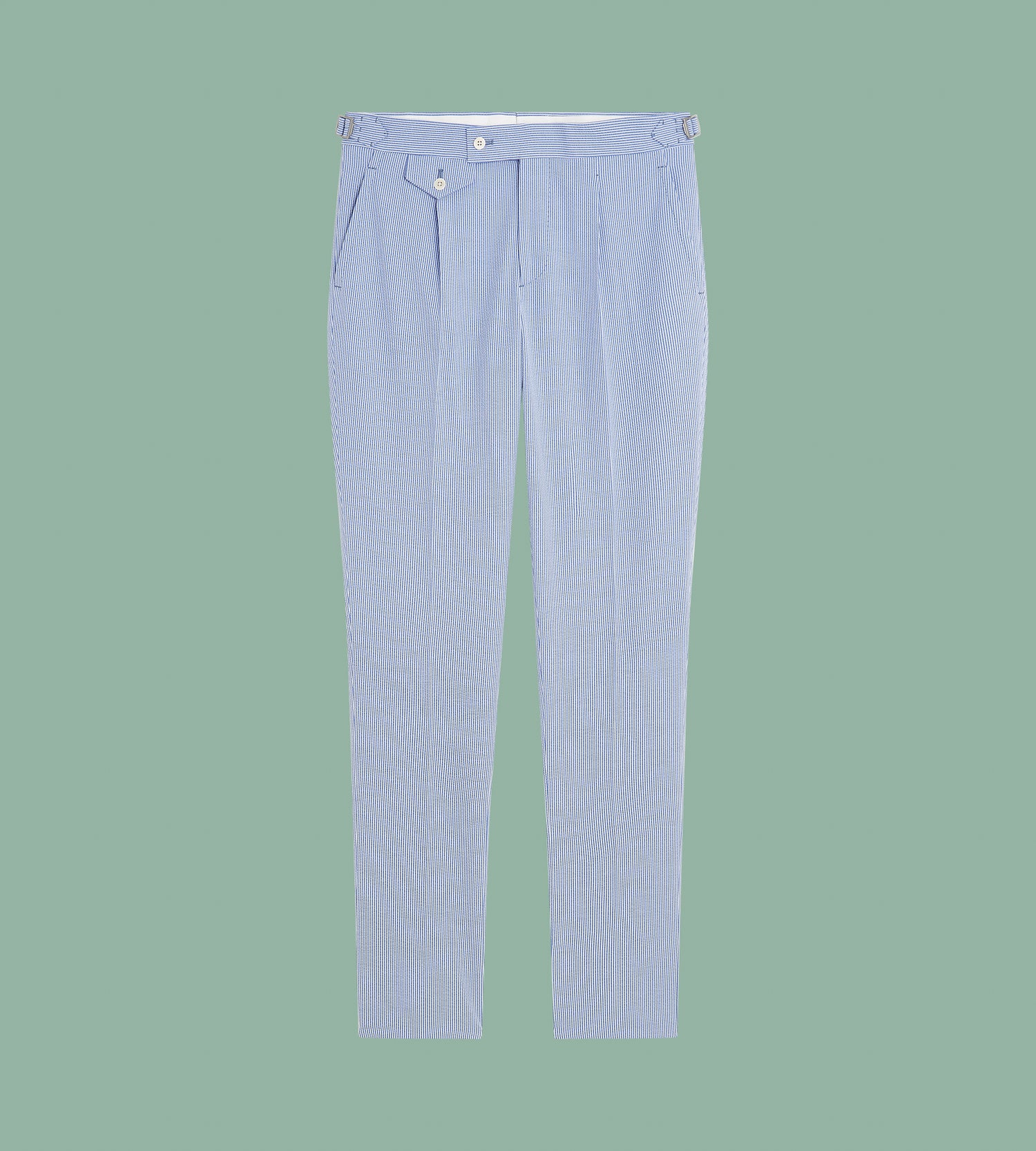 Pantalon rayé bleu et blanc en seersucker