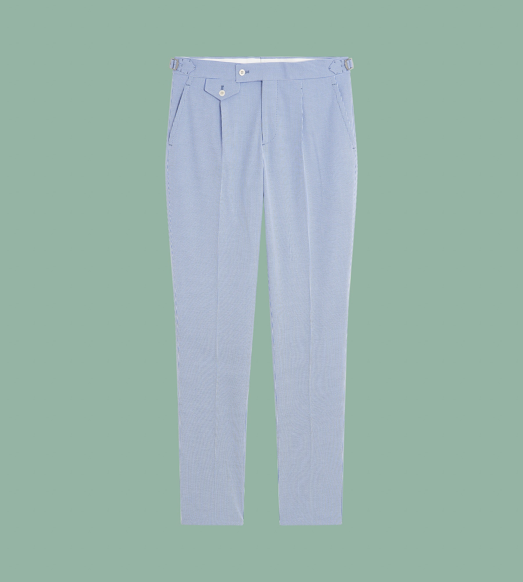 Pantalon rayé bleu et blanc en seersucker