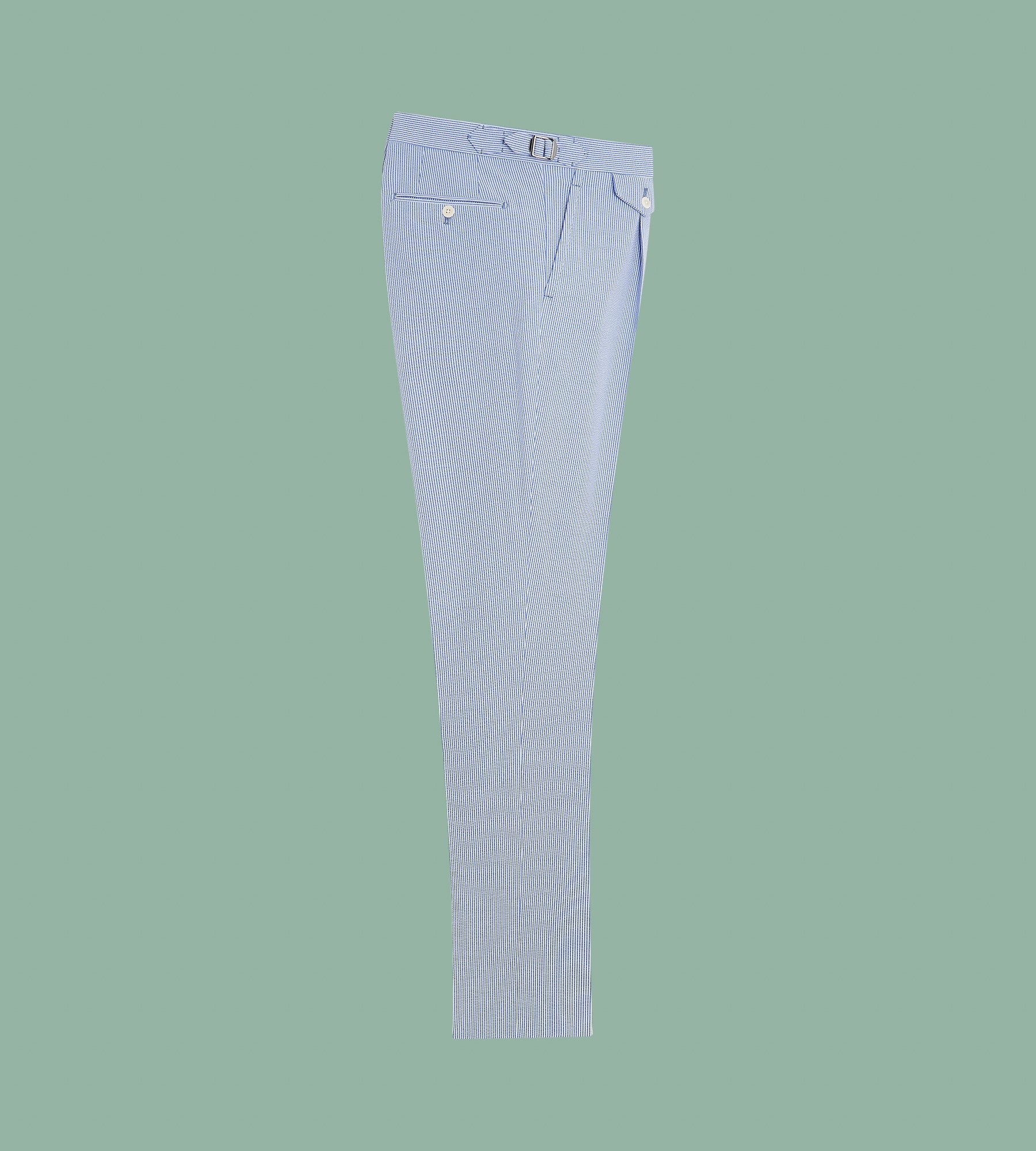 Pantalon rayé bleu et blanc en seersucker