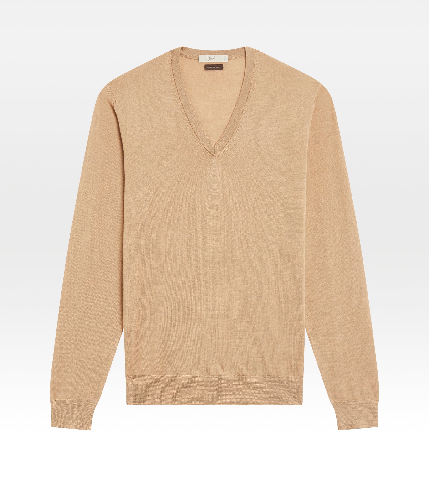 Pull col V en cachemire & soie camel