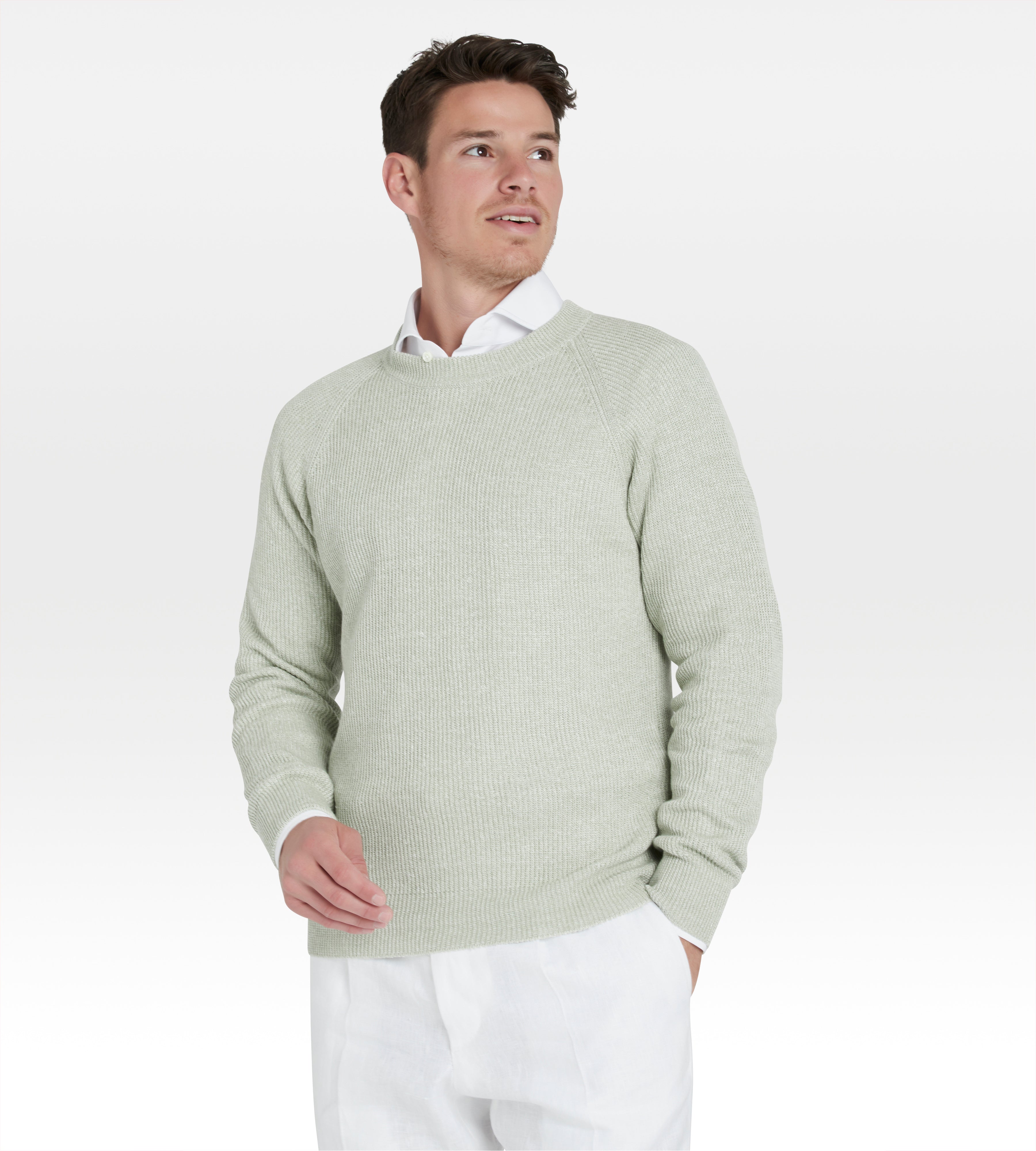 Pull col rond en lin & coton vert clair