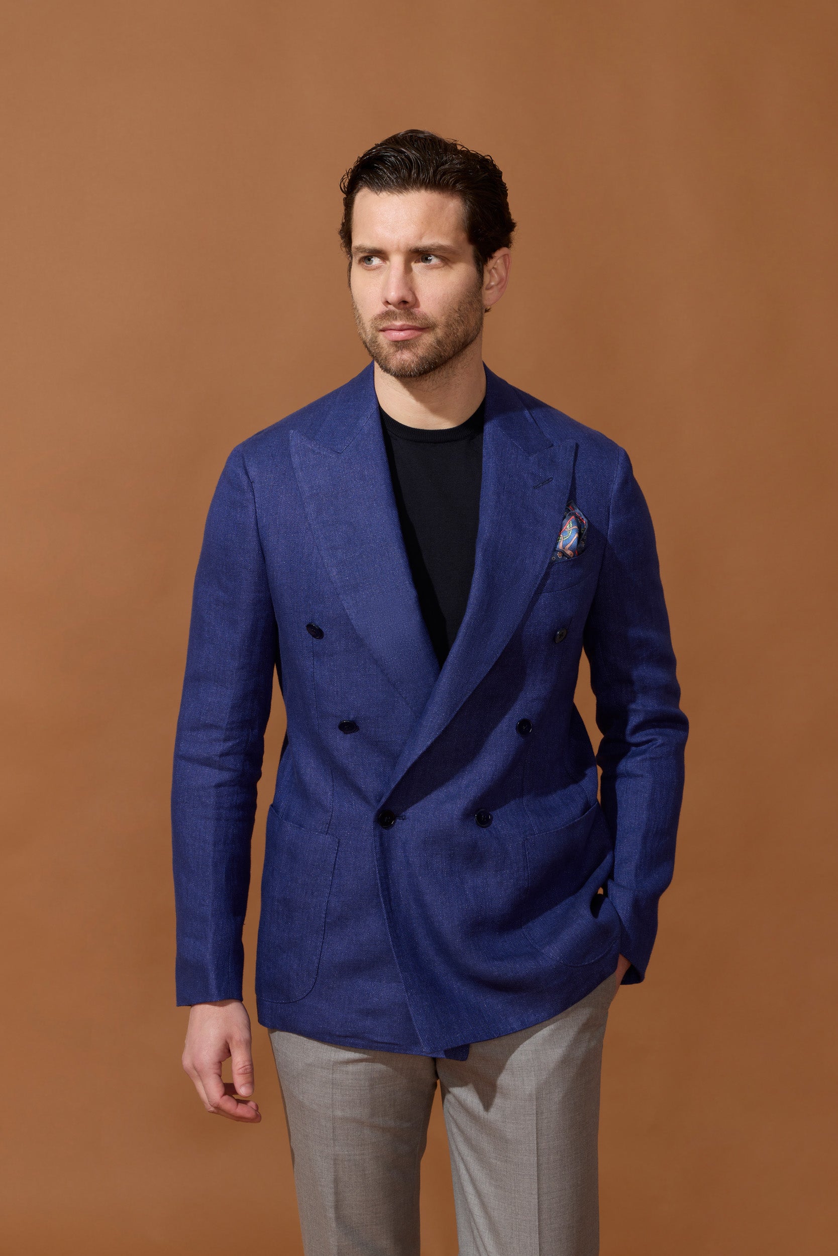 Veste croisée bas bleue en lin