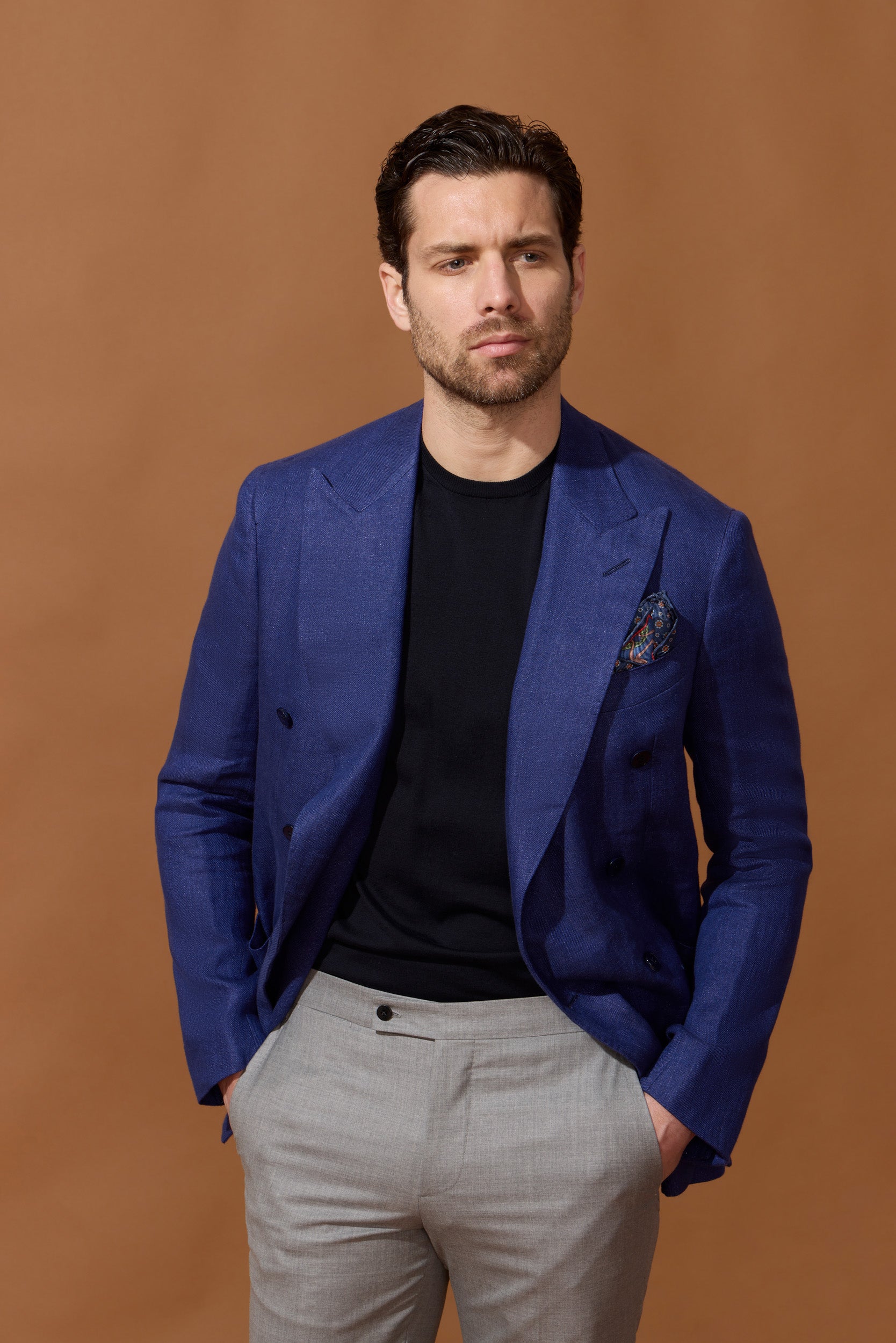 Veste croisée bas bleue en lin