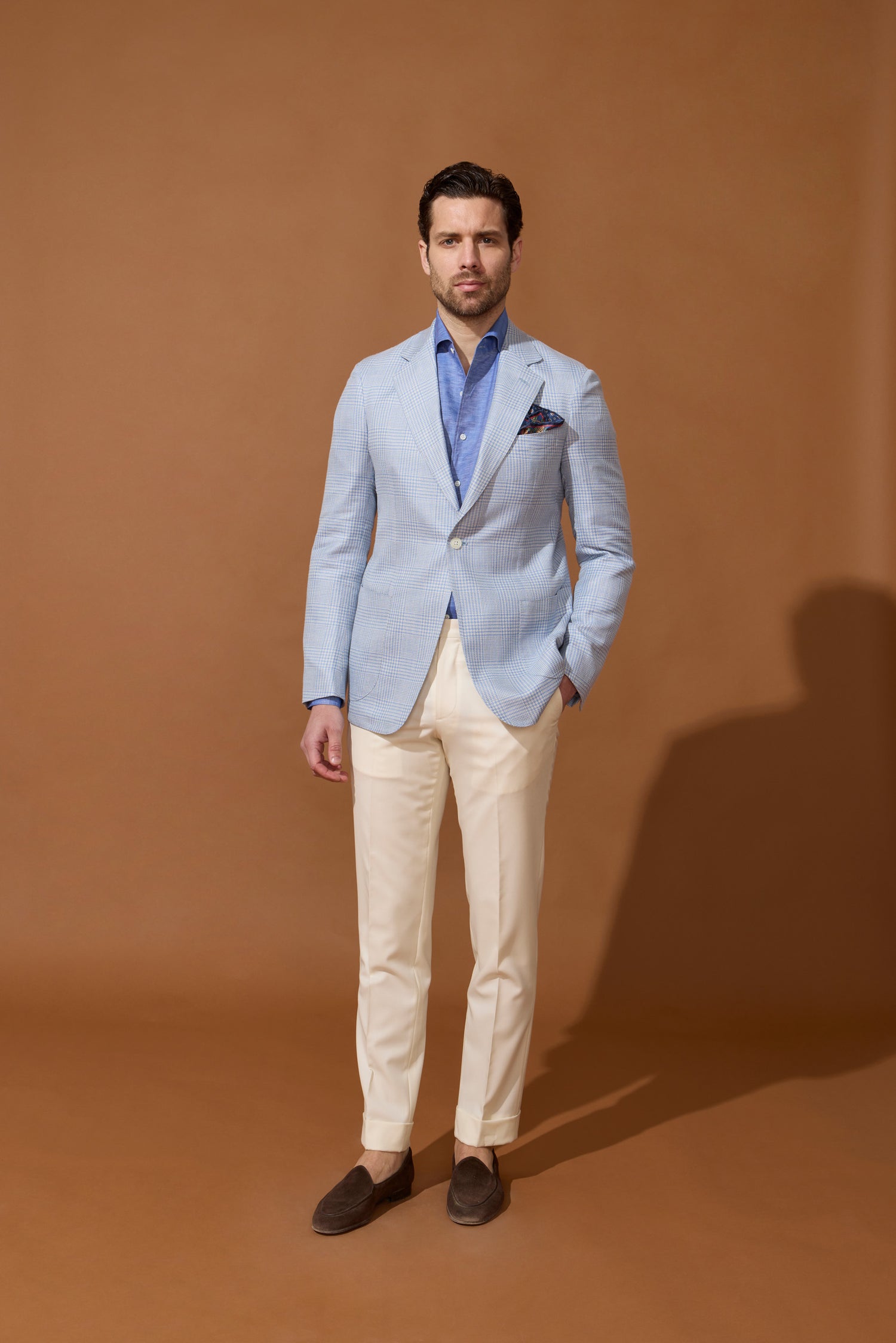 Veste bleu ciel en laine, soie & lin à motif Prince-de-Galles