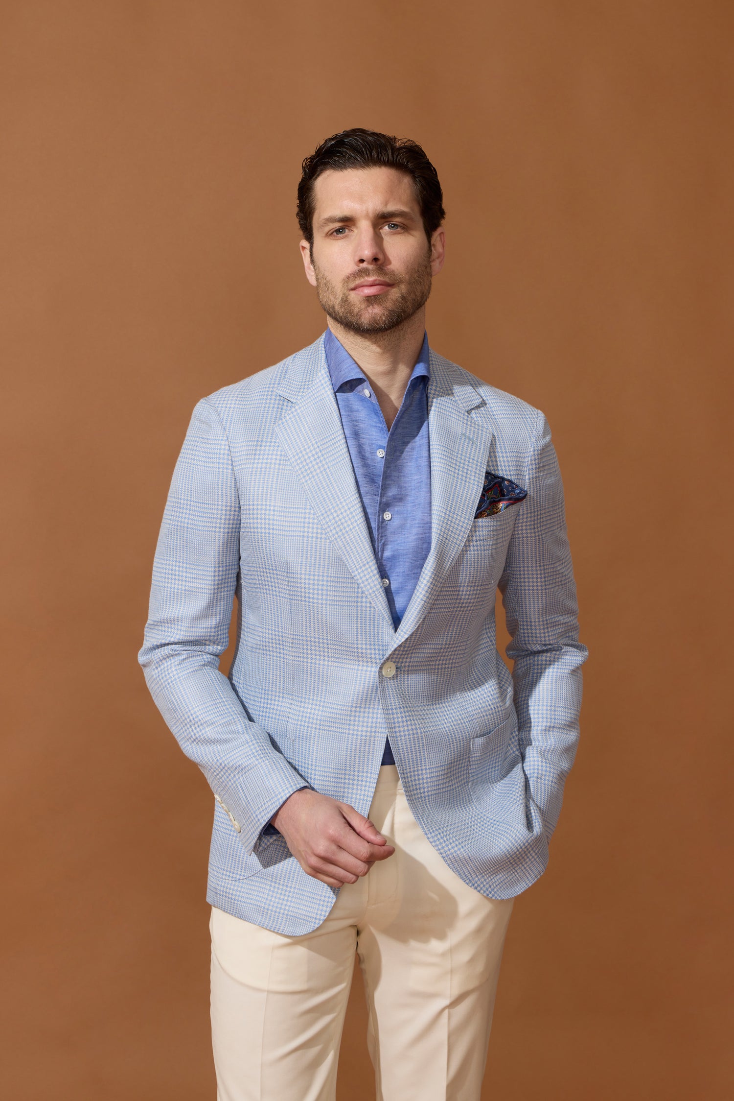 Veste bleu ciel en laine, soie & lin à motif Prince-de-Galles