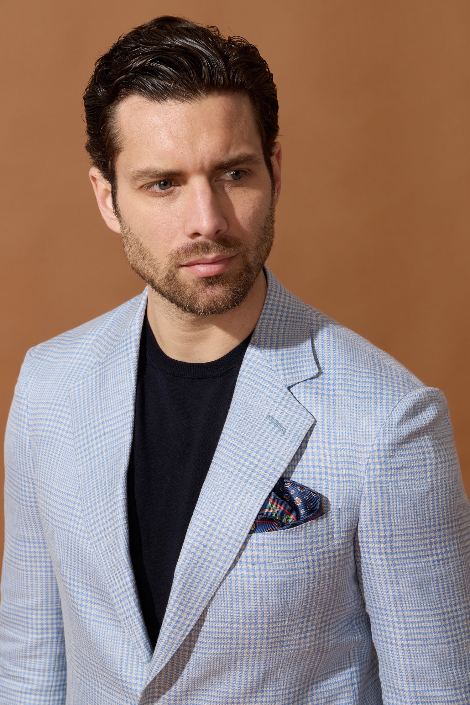 Veste bleu ciel en laine, soie & lin à motif Prince-de-Galles