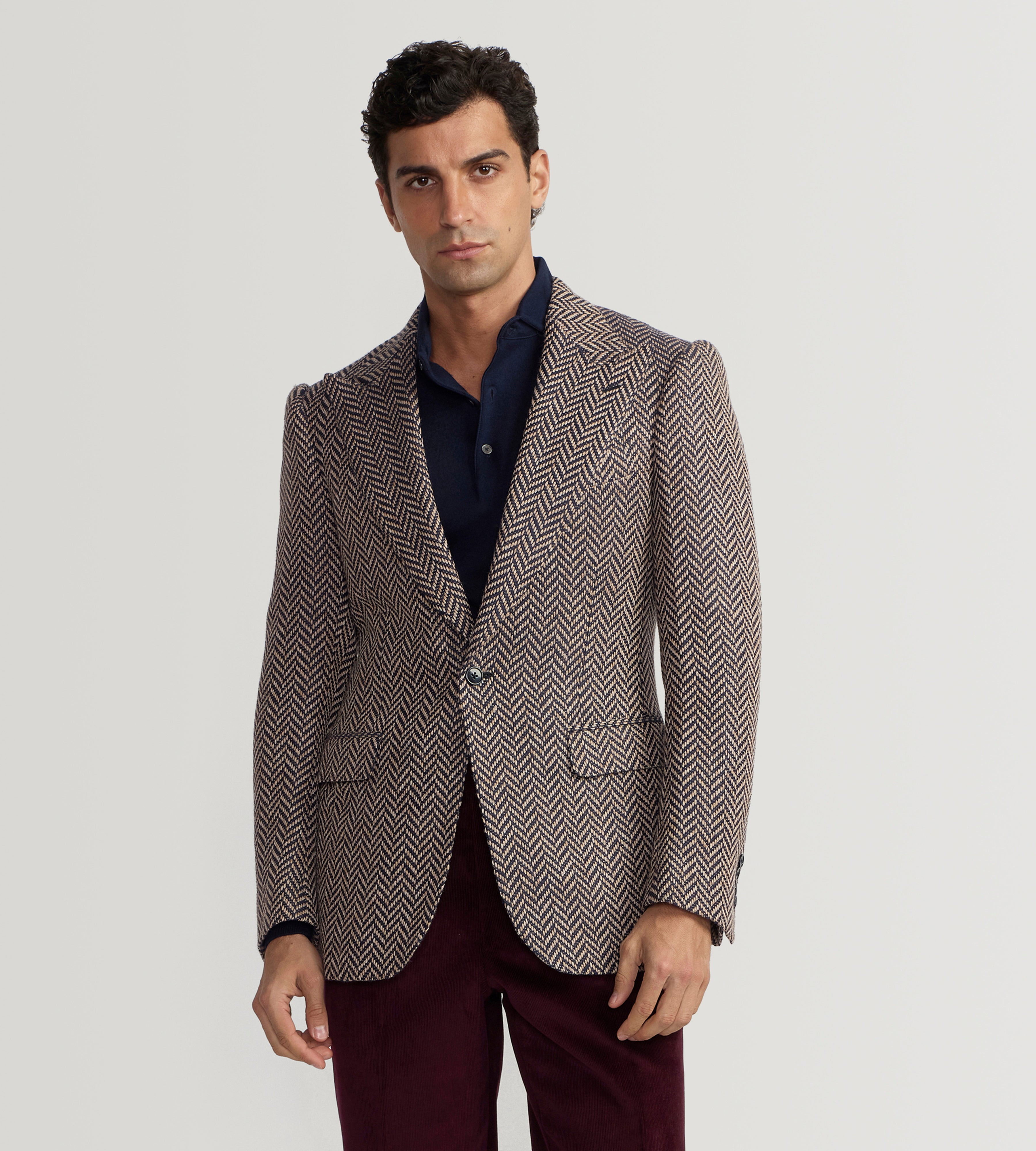 Veste en alpaga mélangé à motifs chevrons bleu & beige