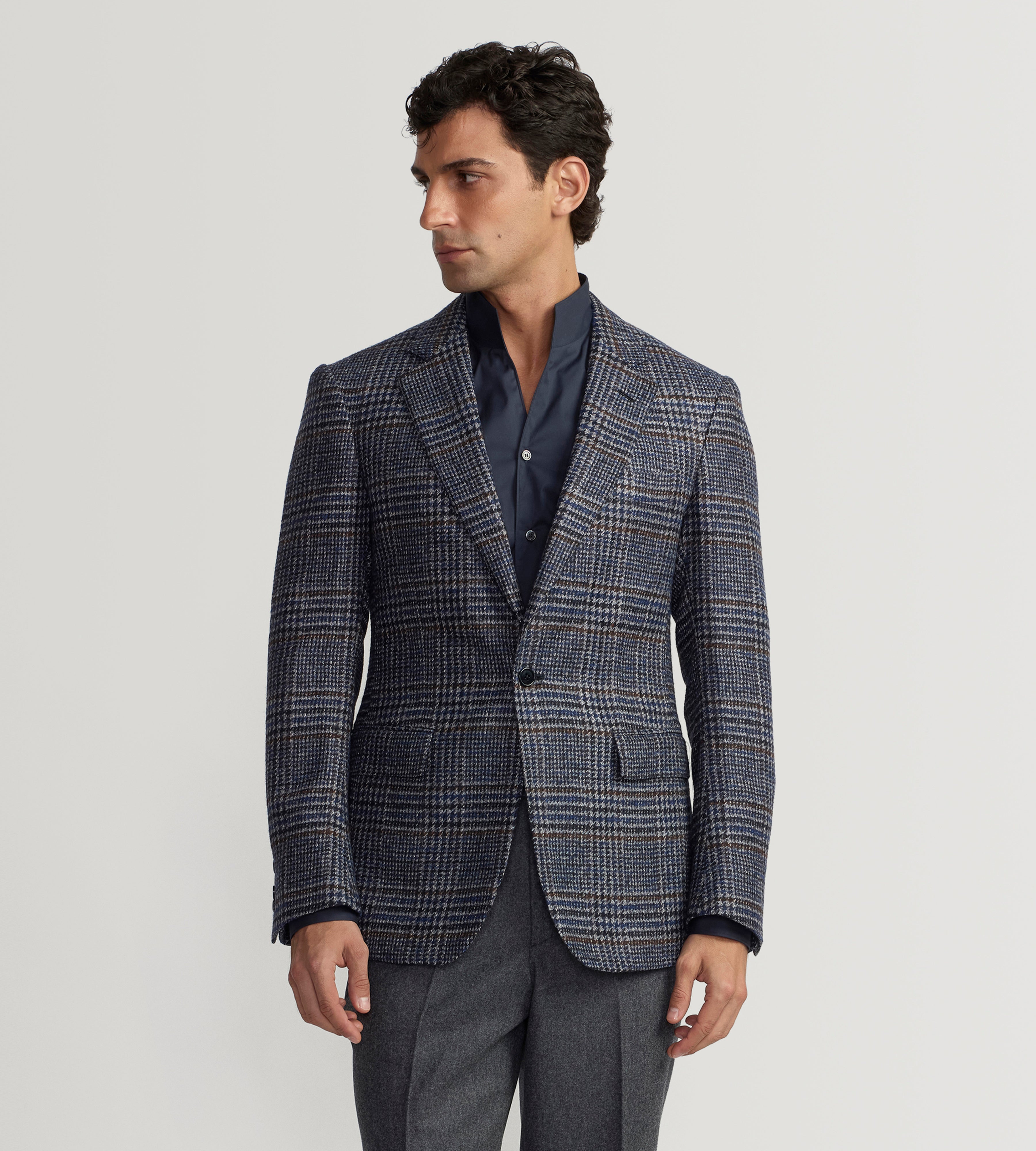 Veste en laine & alpaga bleu marine à motif Prince-de-Galles