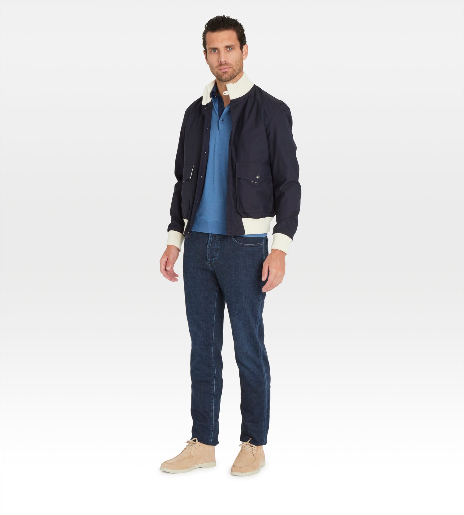 Bombers en laine bleu nuit &amp; blanc cassé