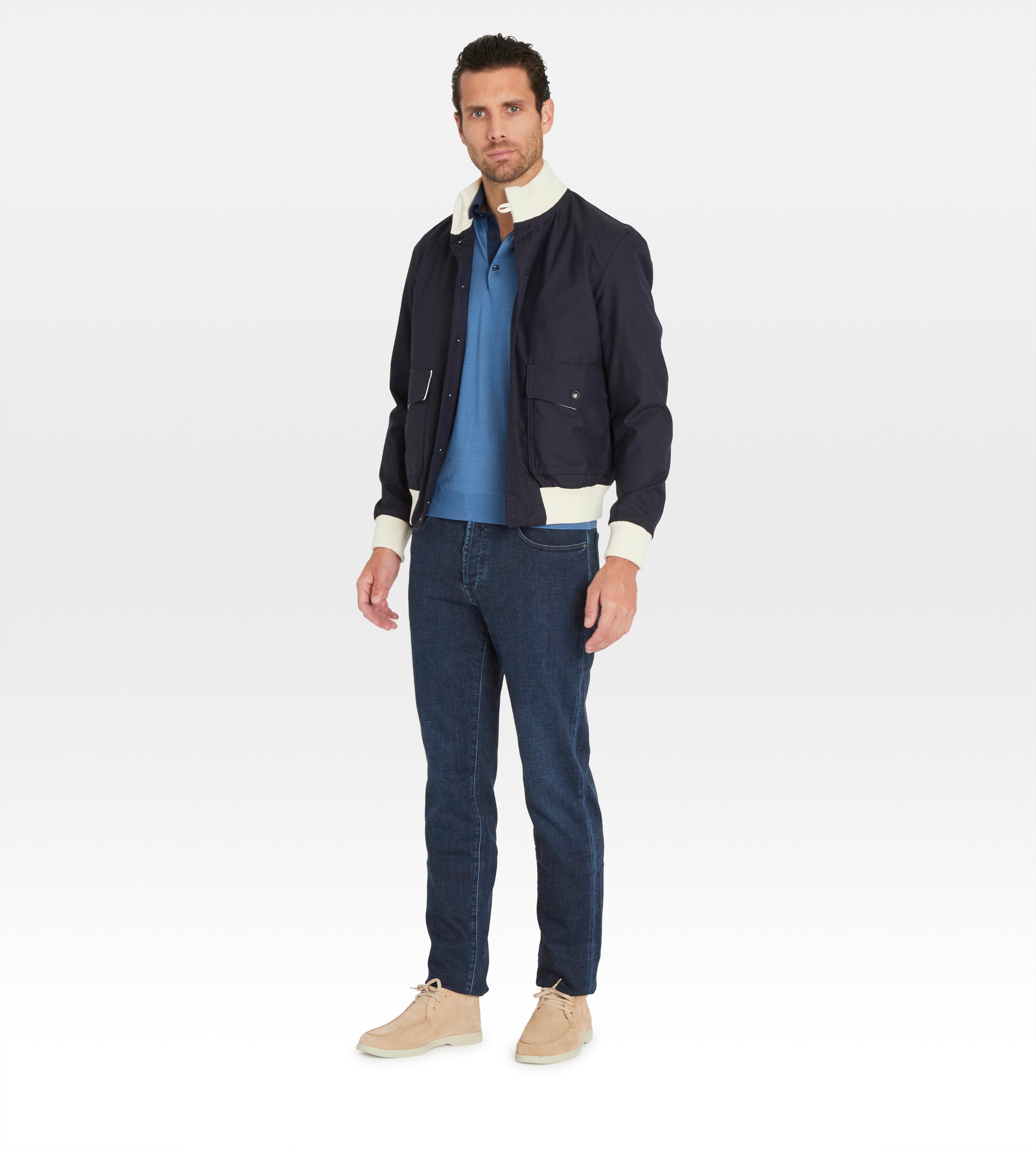 Bombers en laine bleu nuit & blanc cassé