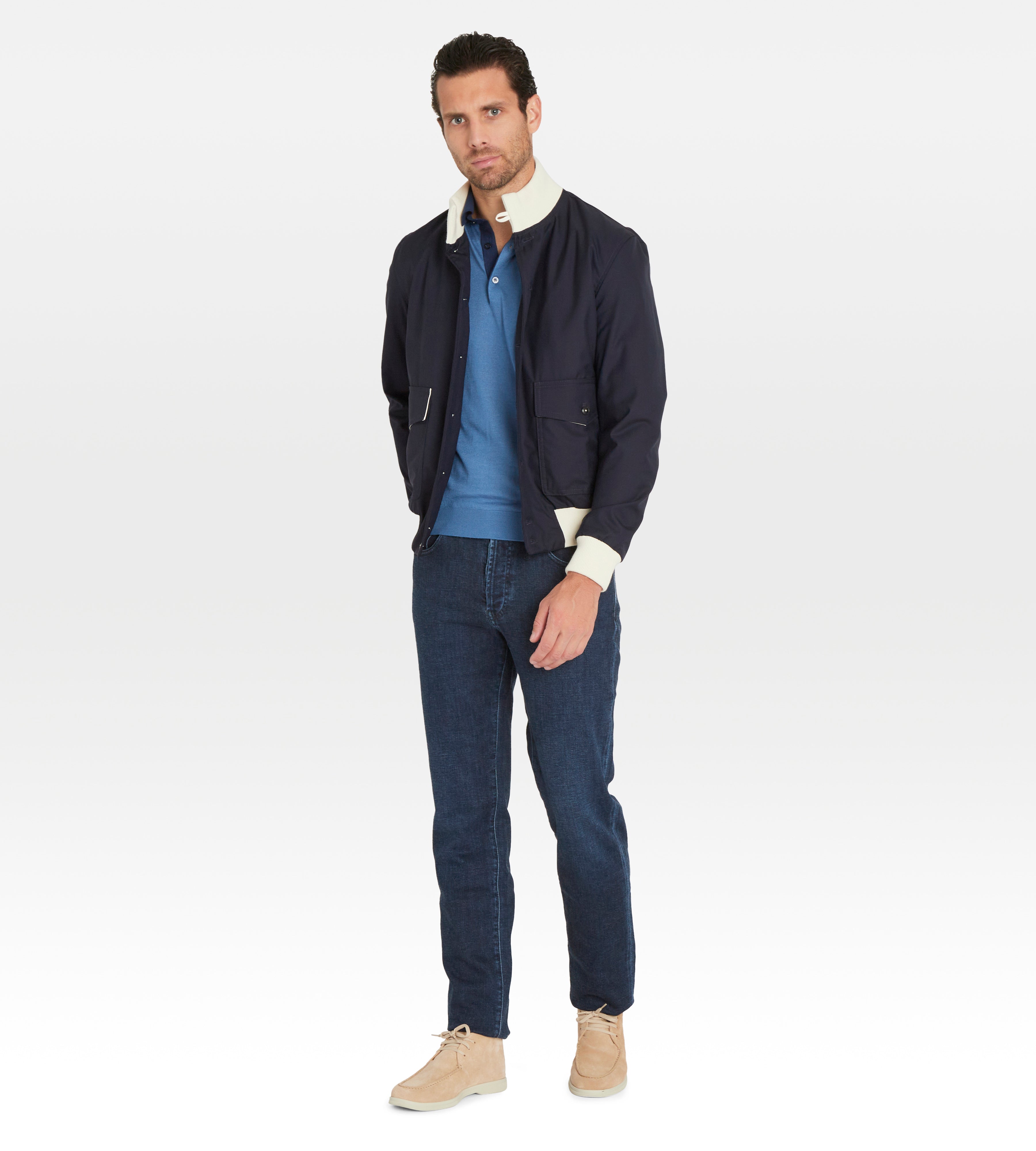 Bombers en laine bleu nuit & blanc cassé