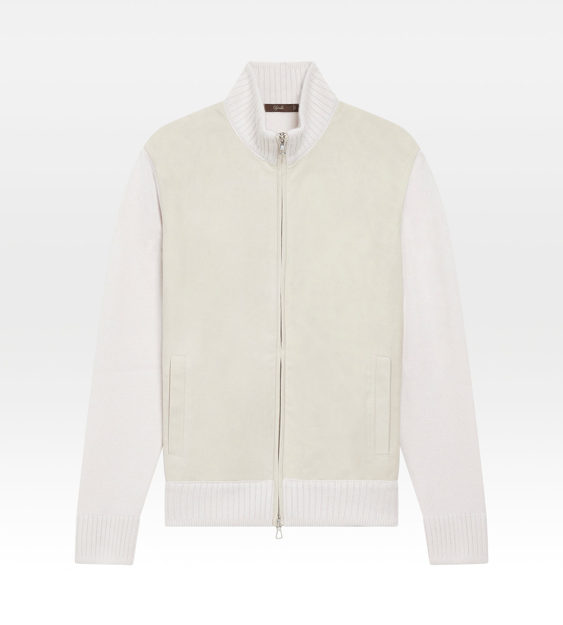 Pull à zip beige en daim et cachemire