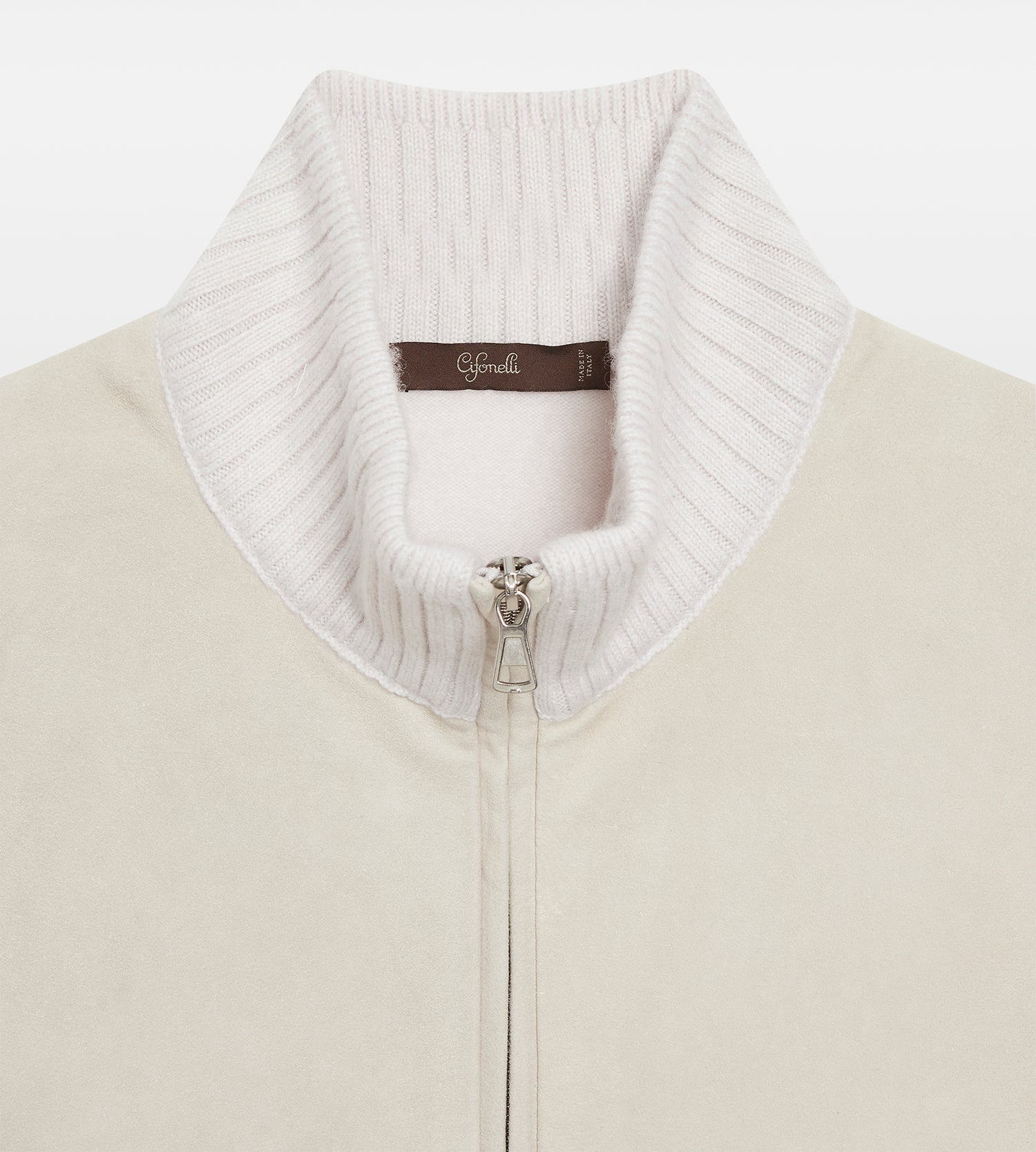 Pull à zip beige en daim et cachemire