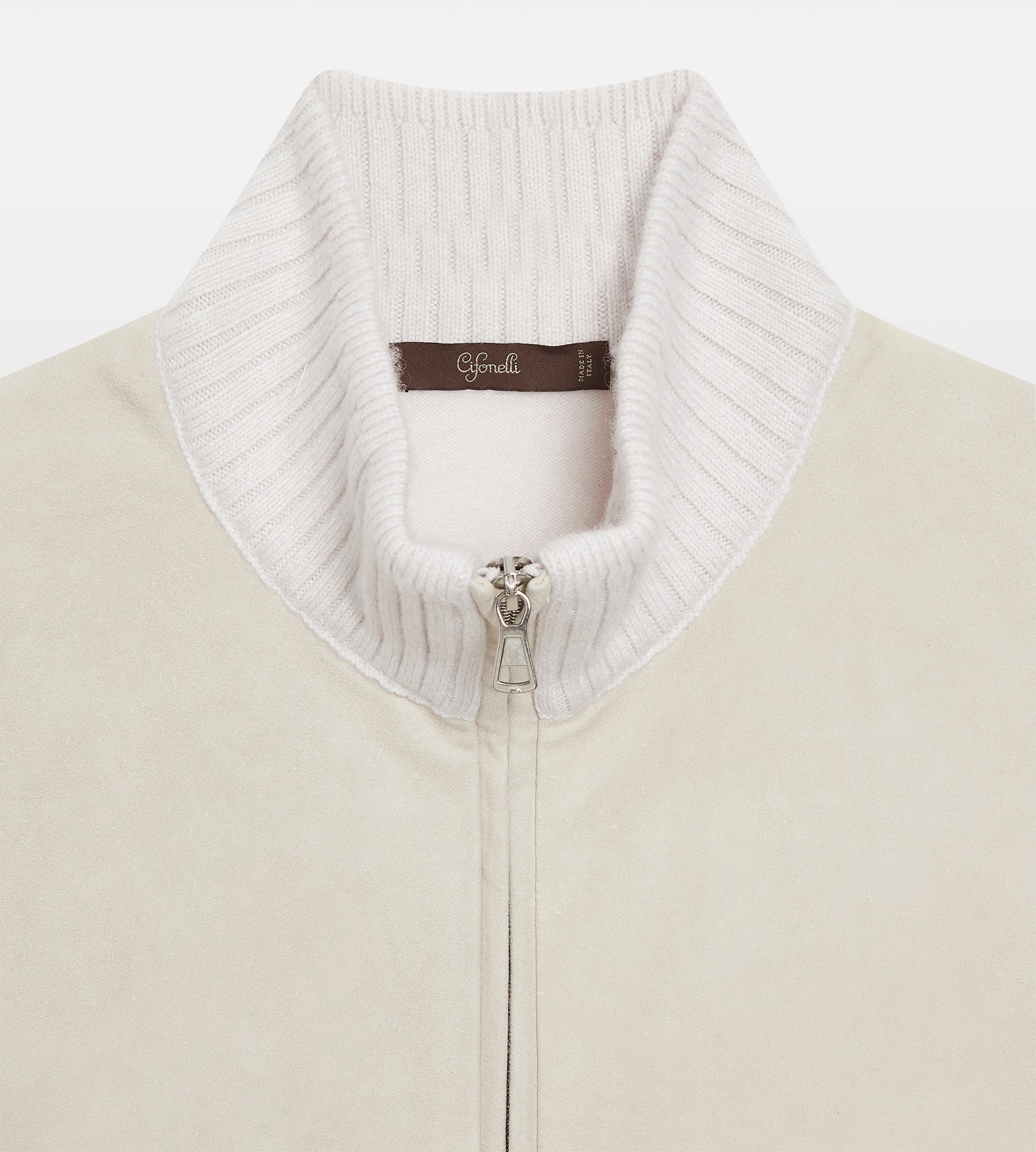 Pull à zip beige en daim et cachemire