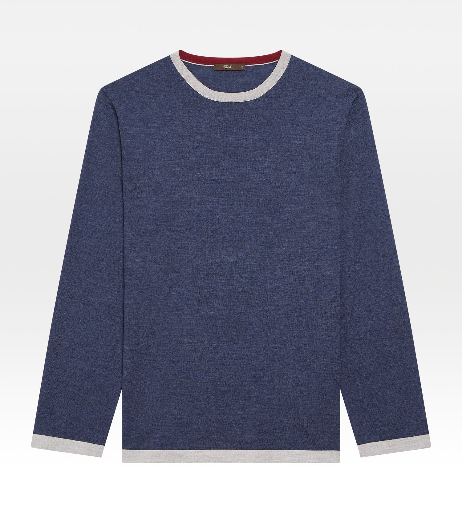 Pull fin en laine à col rond bleu & gris