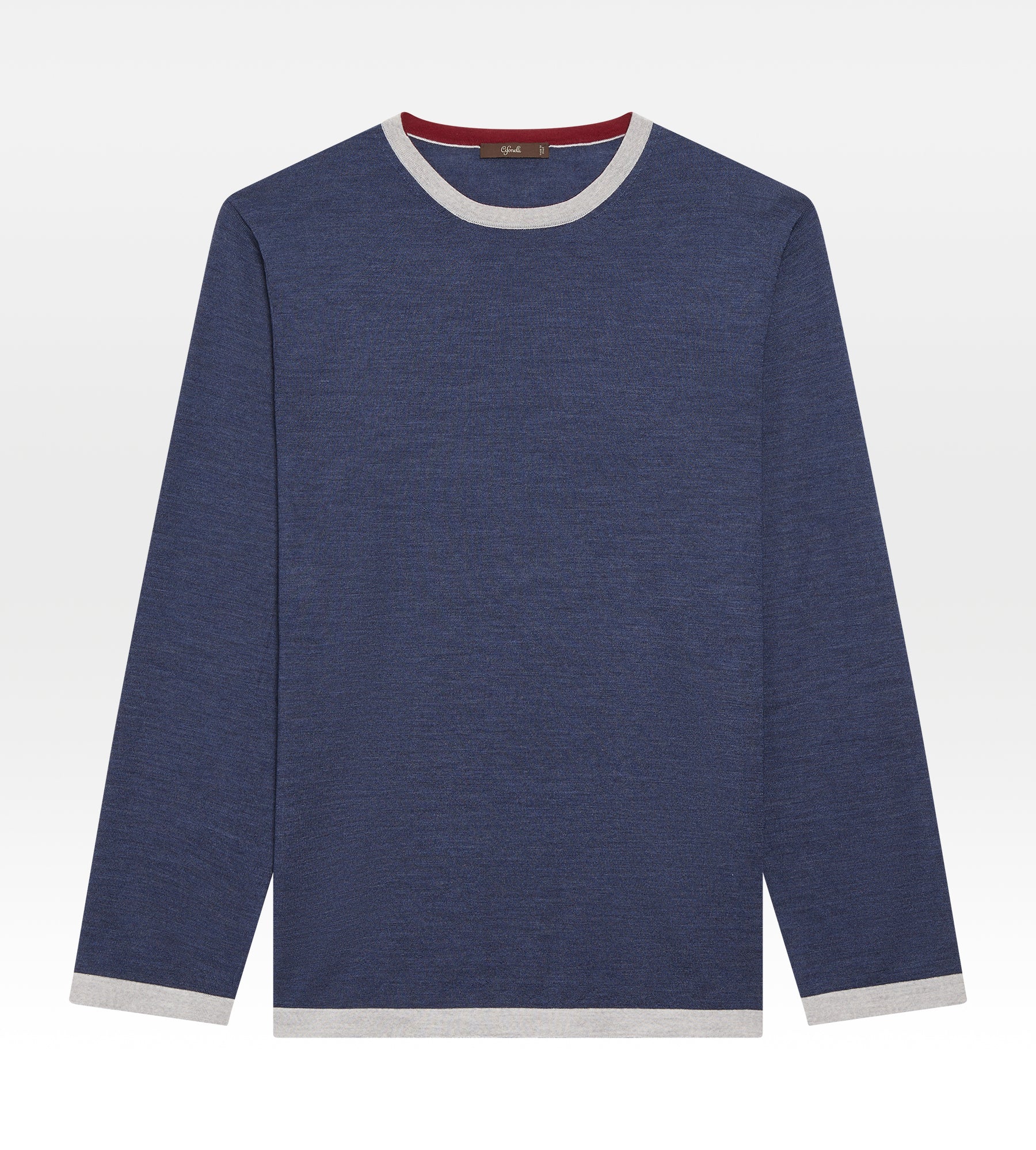 Pull fin en laine à col rond bleu & gris