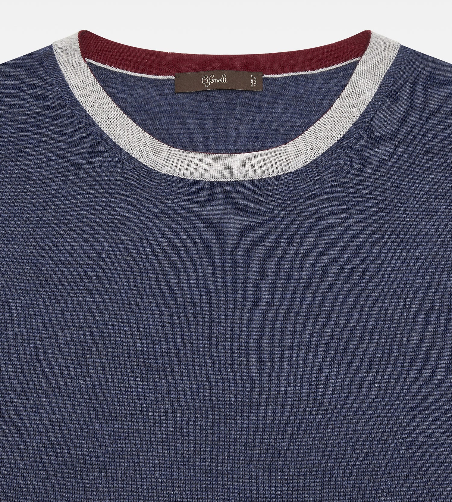 Pull fin en laine à col rond bleu & gris