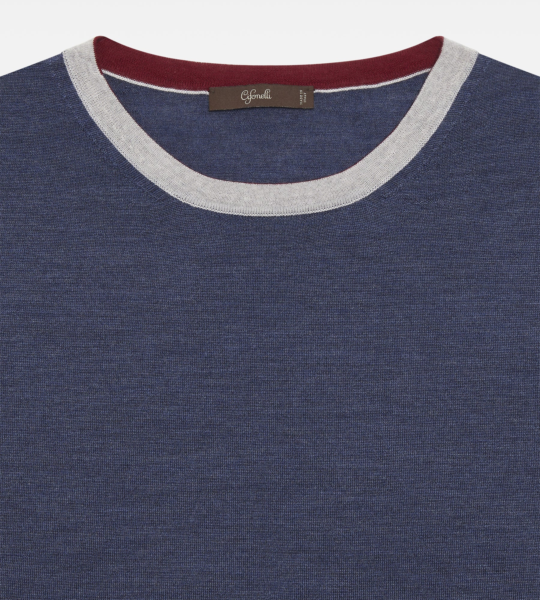 Pull fin en laine à col rond bleu & gris