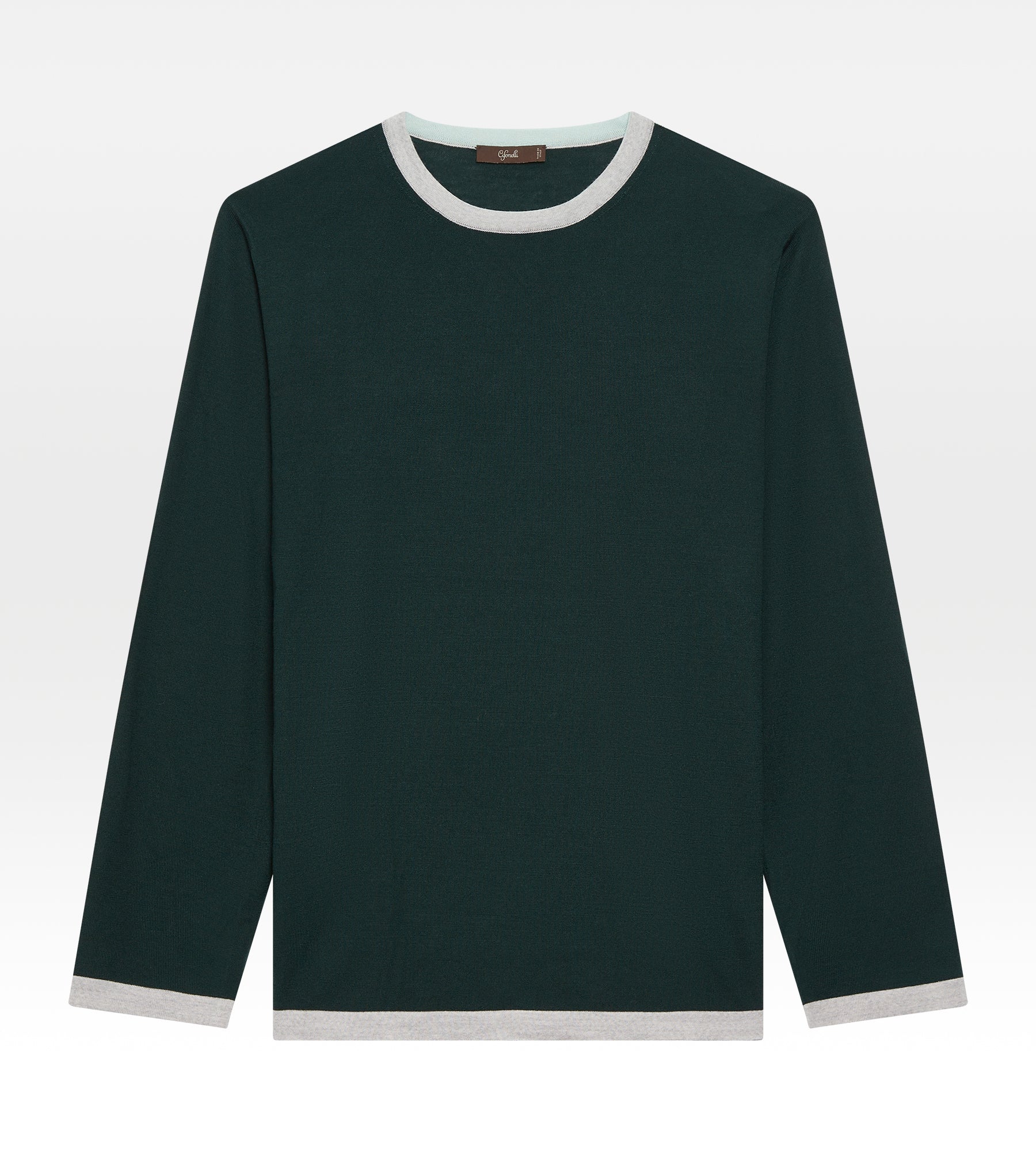 Pull fin en laine à col rond vert & gris
