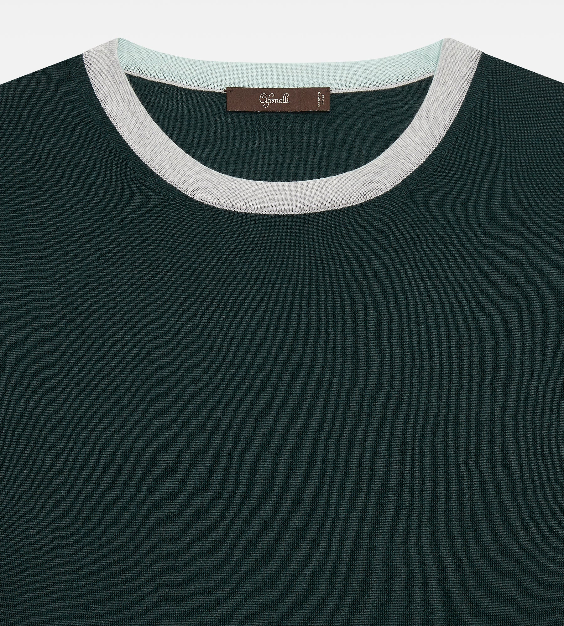 Pull fin en laine à col rond vert & gris