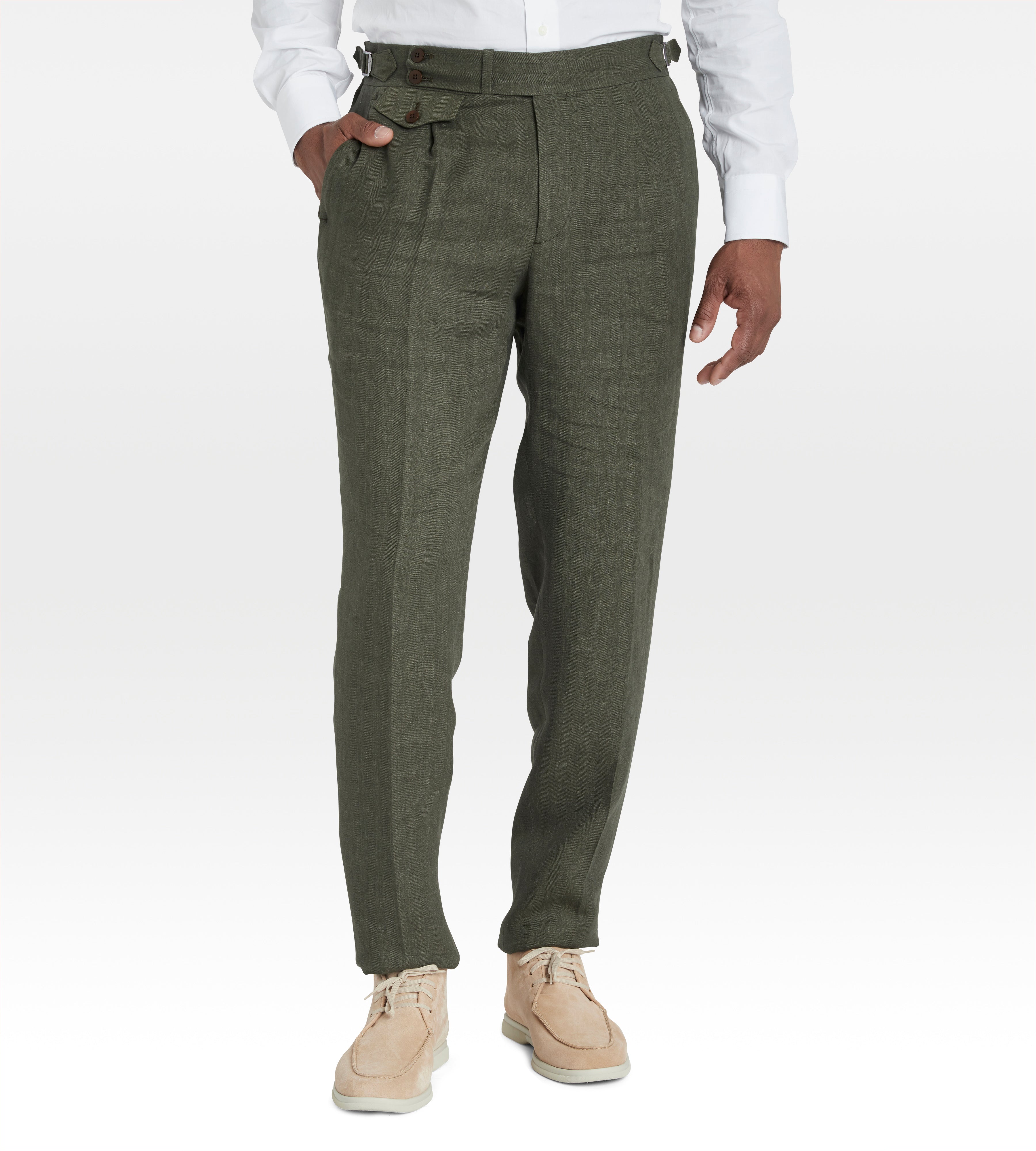 Pantalon 1 pli en lin vert militaire