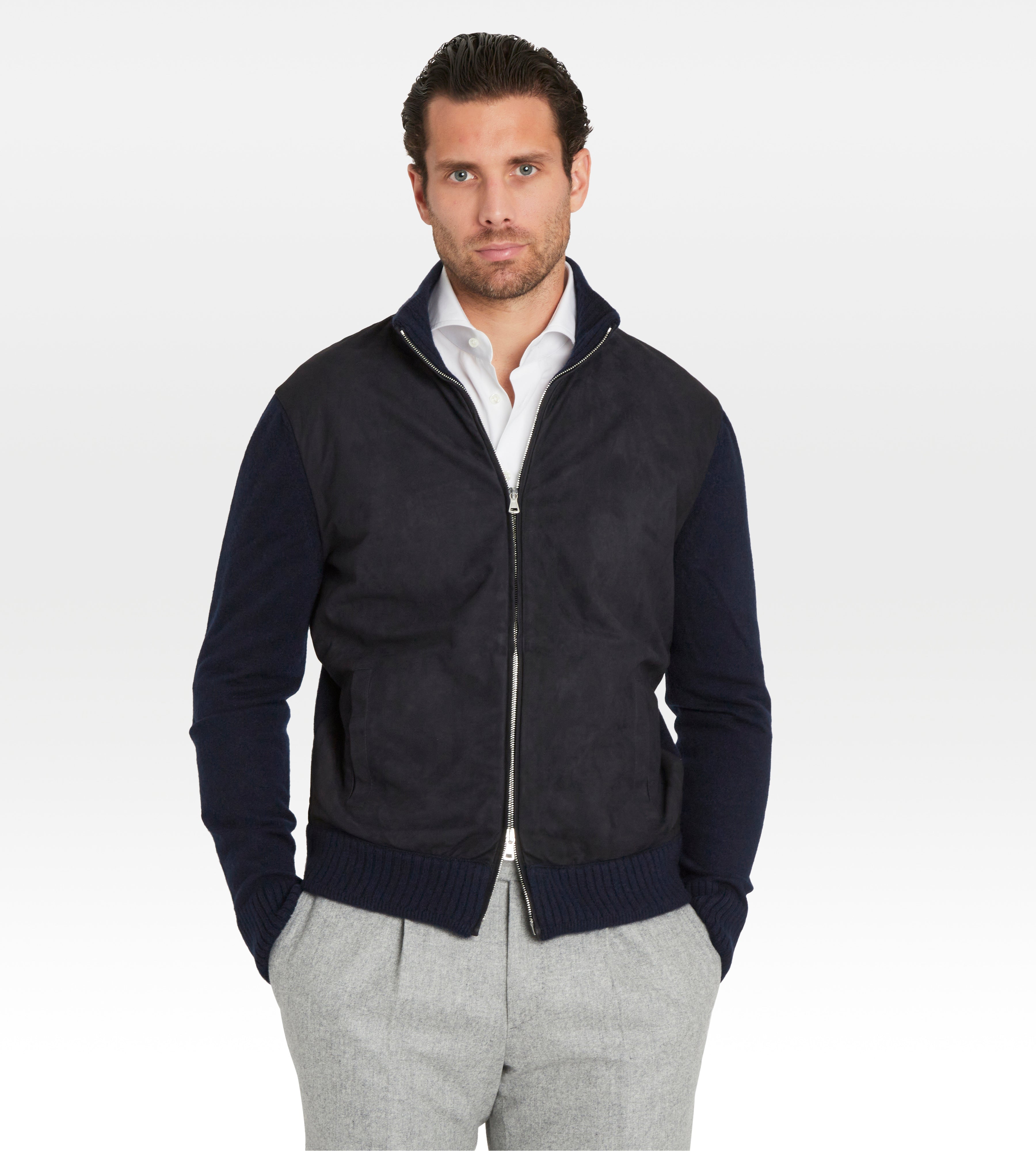 Pull à zip bleu en daim & cachemire