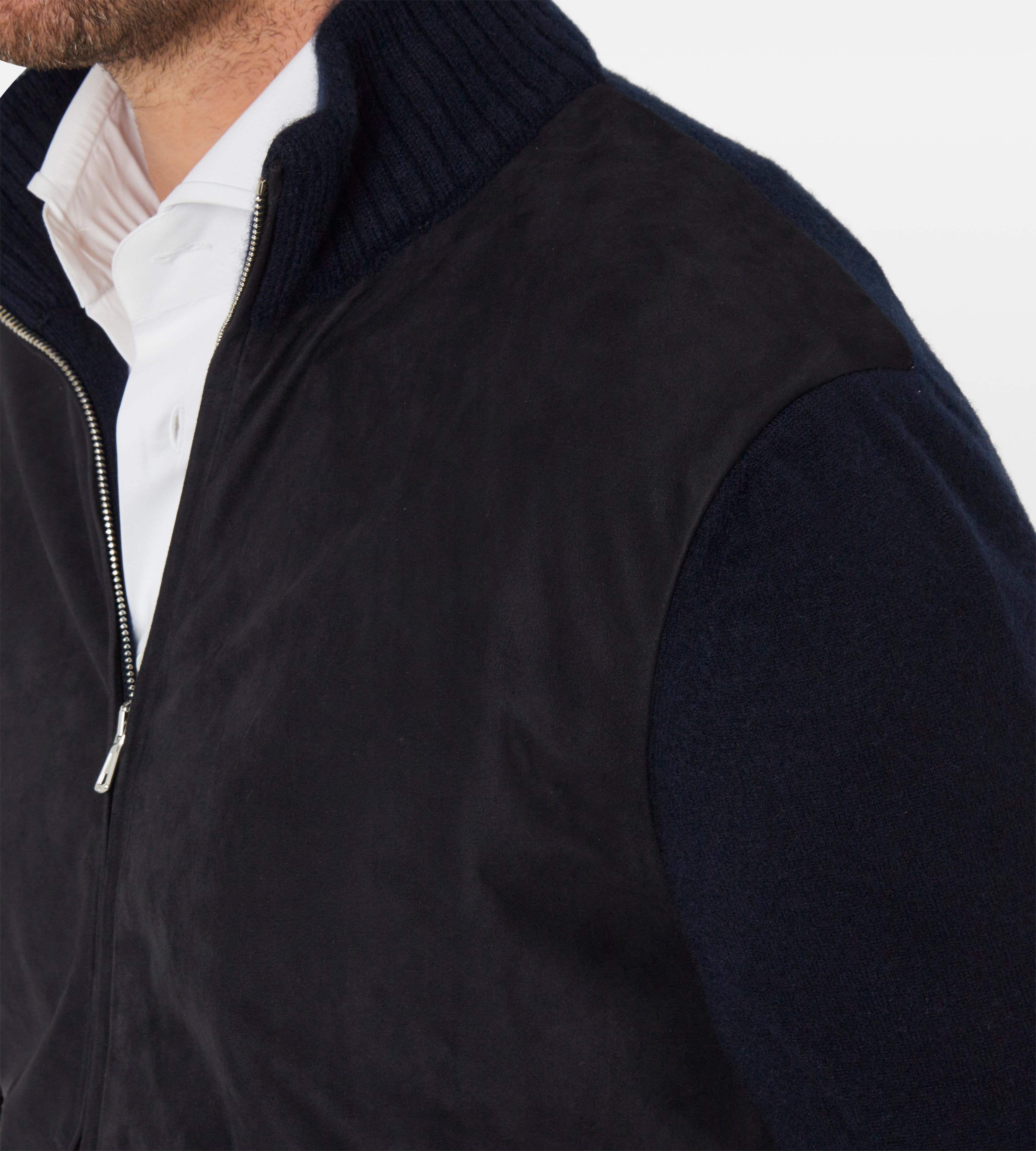 Pull à zip bleu en daim & cachemire