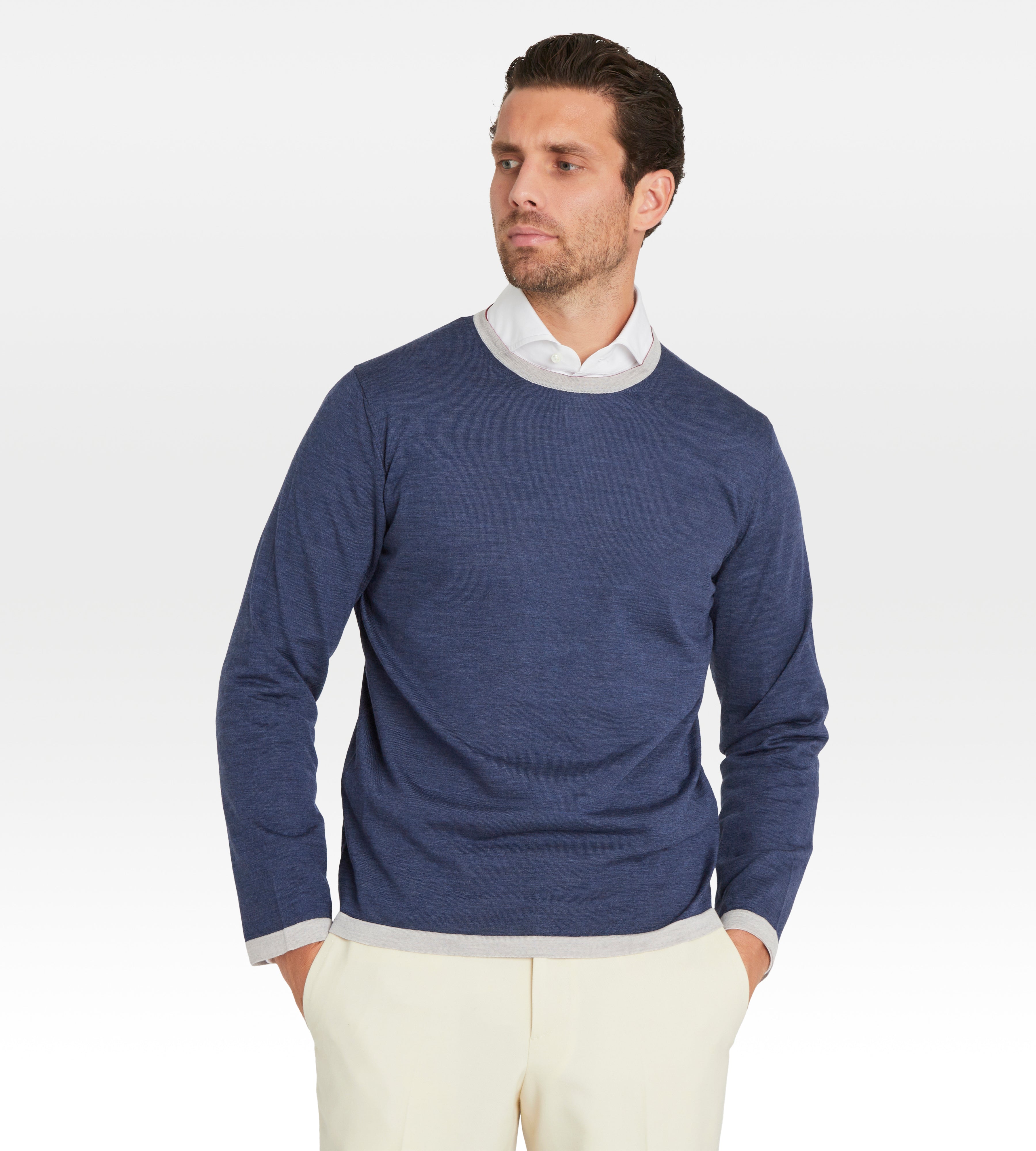 Pull fin en laine à col rond bleu & gris