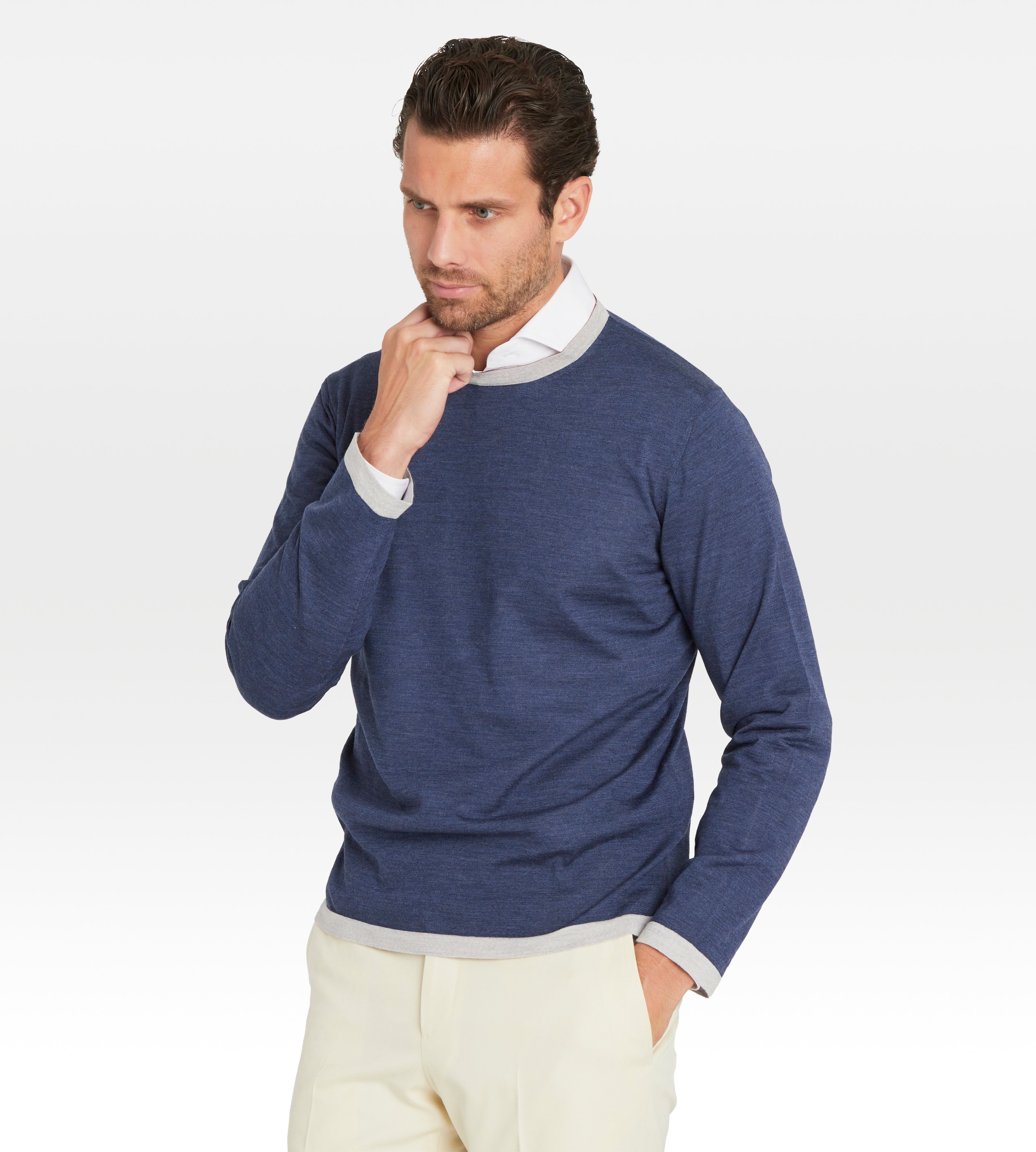 Pull fin en laine à col rond bleu & gris