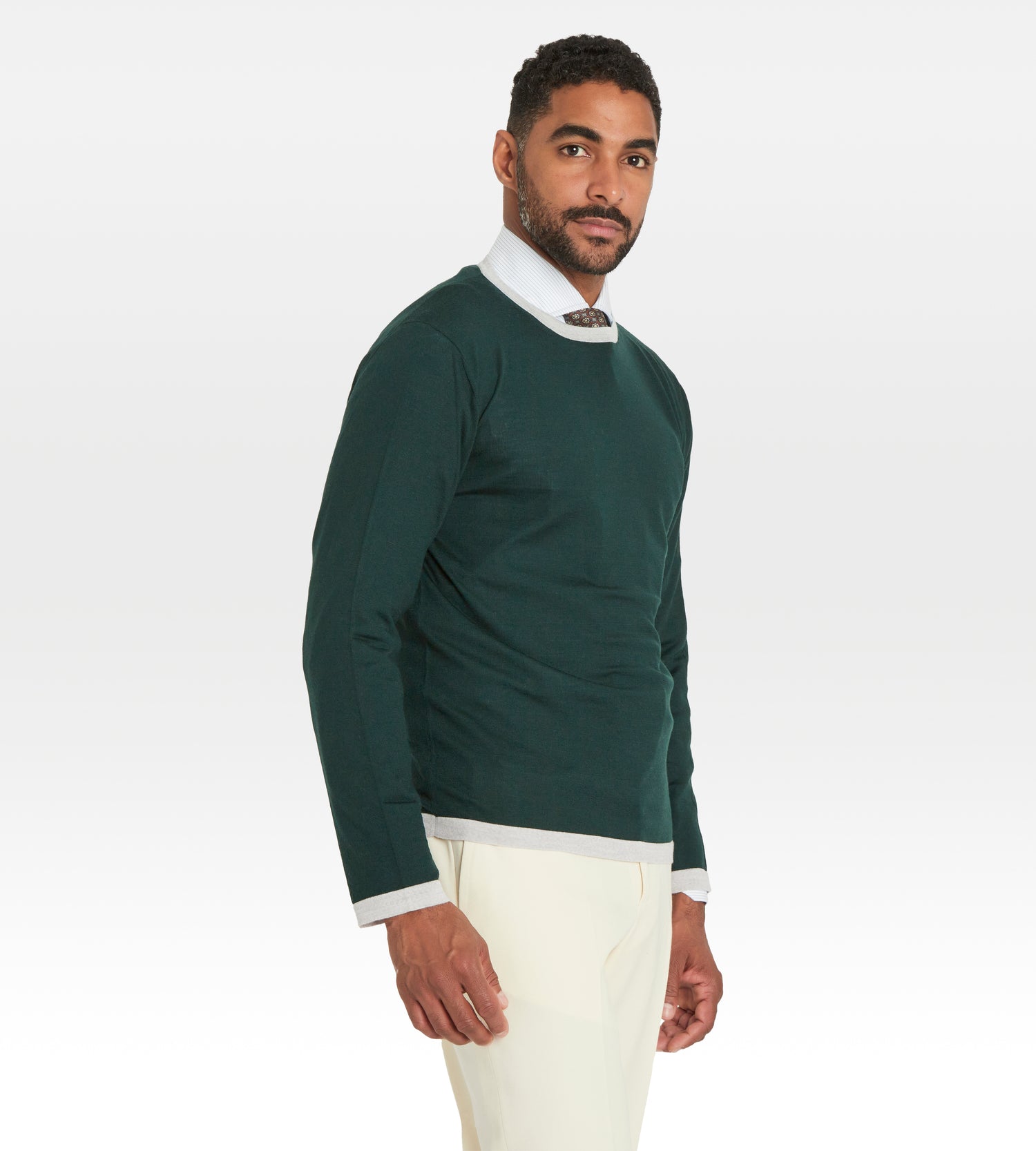 Pull fin en laine à col rond vert & gris