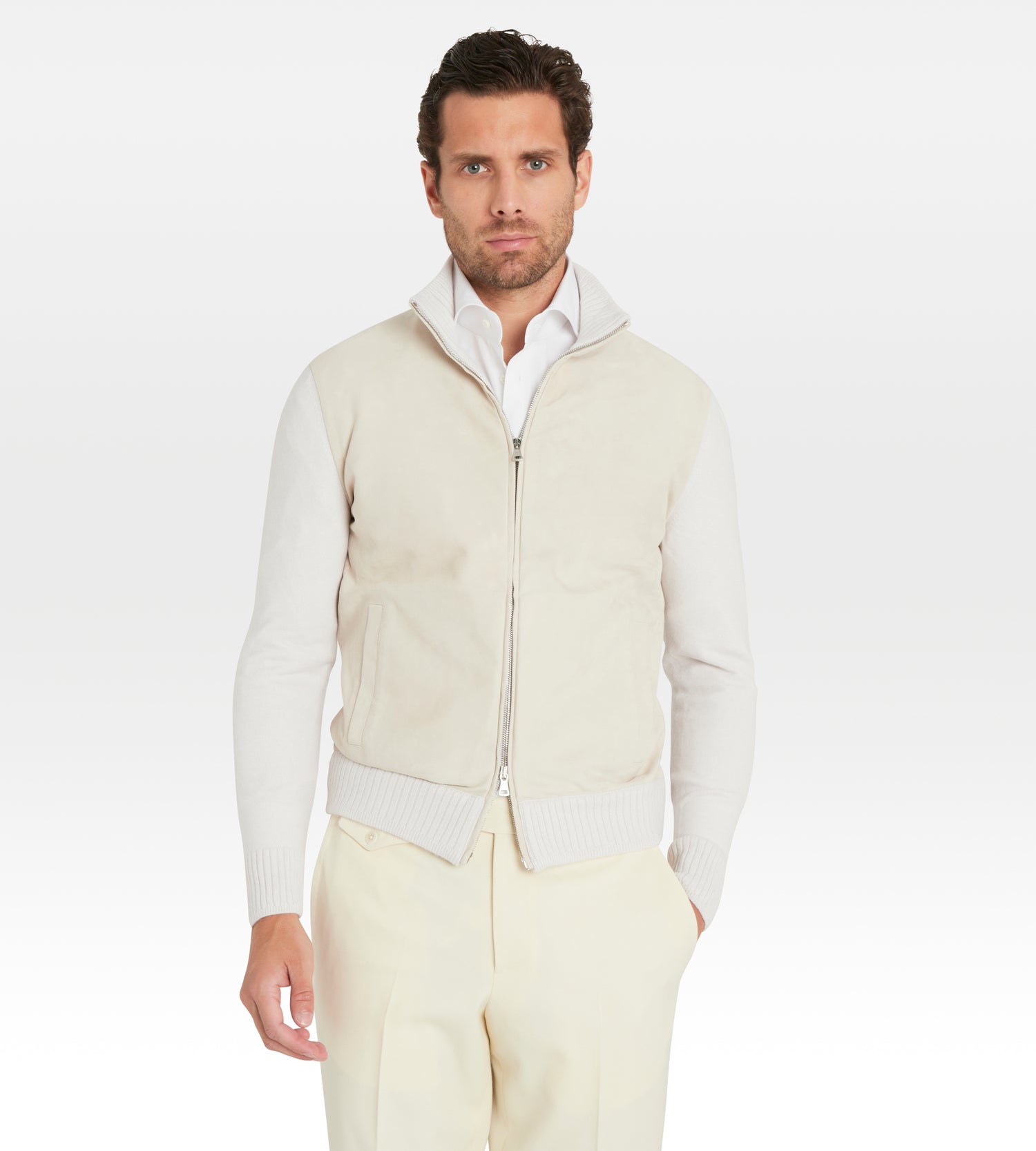 Pull à zip beige en daim et cachemire